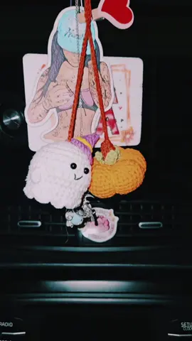 spooky vibes feel complete in my car. #crochet #sppokyvibes #witchyghost #pumpkin 