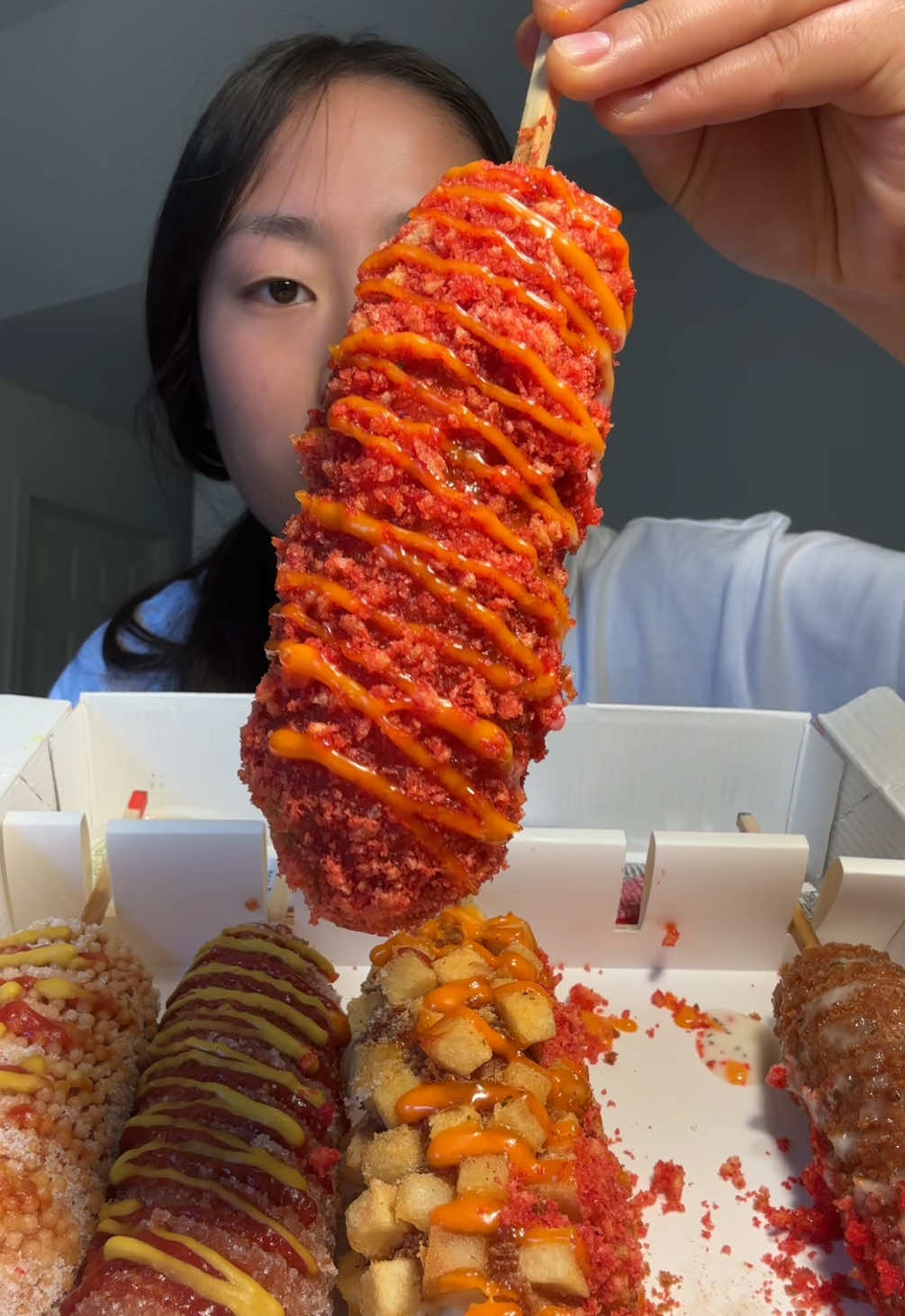 Korean Cheese Corndogs Mukbang  These were soo fire 😣🔥 #mukbang #asmr #koreancorndog #mukbangeatingshow #fyp 