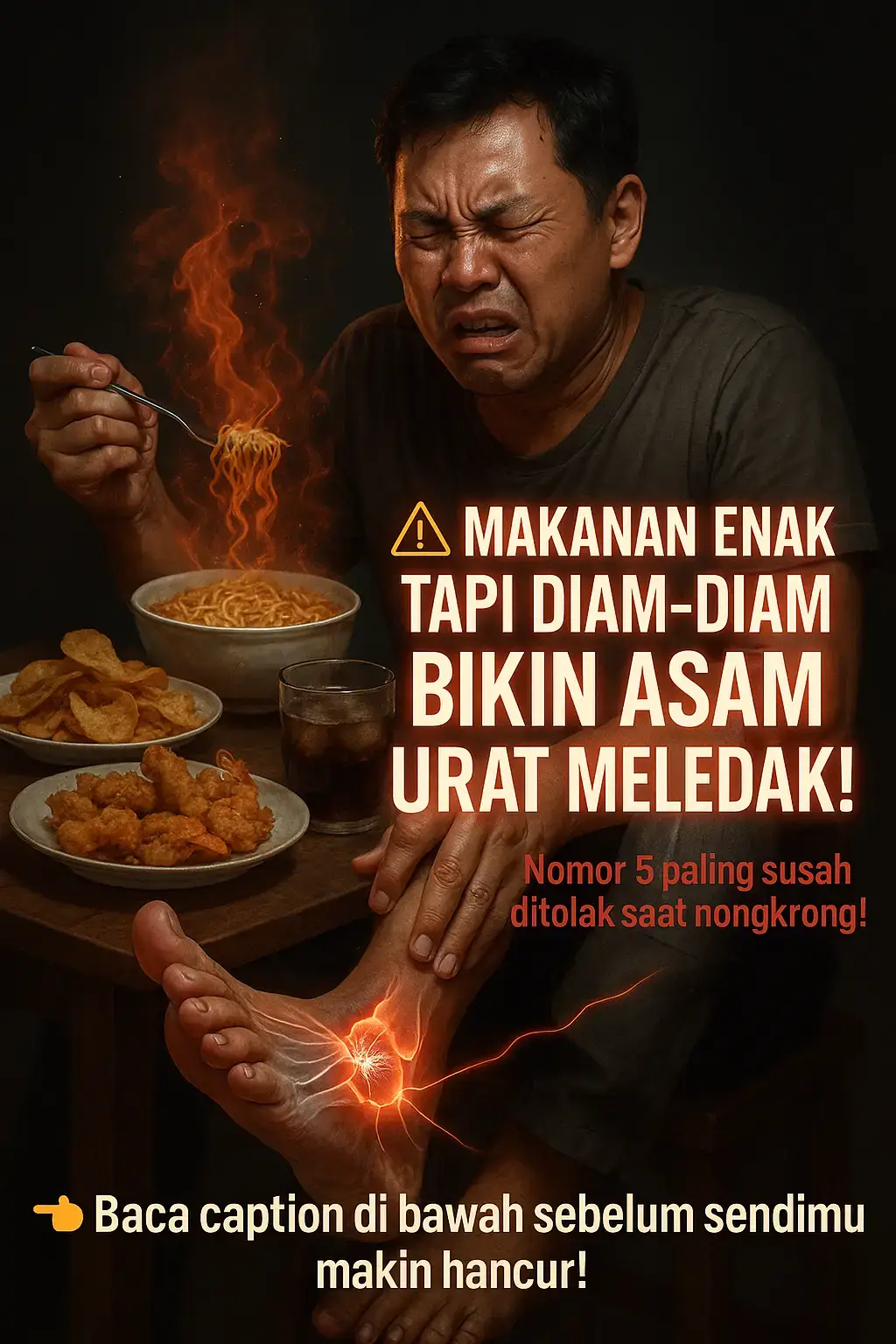 ⚠️ MAKANAN ENAK TAPI DIAM-DIAM BIKIN ASAM URAT MELEDAK! Jangan salah! Makanan yang sering kita nikmati ternyata bisa jadi biang kerok sendi bengkak, nyeri tak tertahankan, bahkan bikin aktivitas sehari-hari tersiksa. Berikut 5 makanan paling berbahaya yang diam-diam bikin asam uratmu meledak! --- 1. Mi Instan & Gorengan Murah, enak, bikin nagih… tapi penuh MSG, minyak jelantah, dan karbohidrat olahan yang memperparah peradangan sendi. Sekali nikmat, besoknya bisa tersiksa! 2. Jeroan (Hati, Ampela, Usus, dll.) Sumber purin paling tinggi! Sekali makan, asam urat bisa naik drastis. Jangan heran kalau ujung-ujungnya kaki membengkak dan jalan pun terasa disiksa. 3. Daging Merah (Sapi, Kambing, dll.) Siapa yang tahan godaan sate kambing? Tapi jangan salah, daging merah bikin produksi asam urat meningkat tajam. Nikmat sesaat, penderitaan panjang! 4. Minuman Manis & Soda Segar di mulut, tapi racun buat sendimu. Gula berlebih mempercepat naiknya asam urat dan merusak metabolisme tubuh. Bikin ketagihan tapi pelan-pelan menghancurkanmu! 5. Makanan Cepat Saji (Ayam Crispy, Burger, Kentang Goreng) Inilah yang paling susah ditolak saat nongkrong! Gurih, garing, bikin puas… tapi minyak trans dan purin tersembunyi di dalamnya siap meledakkan kadar asam uratmu tanpa ampun. --- 🔥 Kalau kamu masih cuek, siap-siap hadapi rasa sakit yang bikin malam tak bisa tidur, jalan jadi terseret, bahkan sendi rusak permanen. 👉 Tulis di komentar 