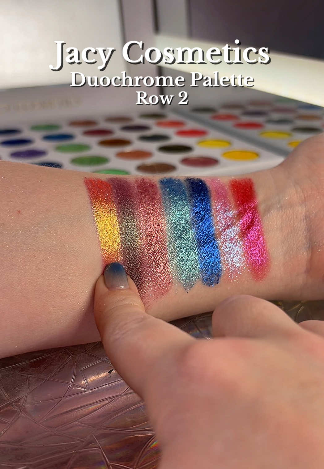 The Duochrome Palette from @Jacy Cosmetics is STUNNING!  This palette has 35 shades, 34 of the shades are duochrome and 1 shade is a multichrome. This video are swatches of the second row - Betelgeuse, Cosmos, Andromeda, Celeste, Hadar, Sirius and Spica #jacycosmetics #jacycosmeticsduochrome #duochromeeyeshadow #eyeshadowpalette #ttsbeautybesties 