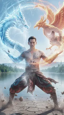 มหาพลังพญาครุฑ+พญานาค  Gemini + TikTok  prompt.  Okay, I will create a hyper-realistic 8k cinematic up-close photo of the man in a powerful Avatar bending stance. He will be depicted as a Thai warrior, shirtless with traditional Thai tattoos. The Phaya Krut will be a half-human, half-bird creature, while the Phaya Nak will remain a swirling water dragon. All the other elements like fire, water, mist, steam, earth shards, and wind currents will still be present to give the scene dynamic motion, captured with natural elements physics. The background will still be a river under natural sunny light, with sharp focus and 8K detail.
