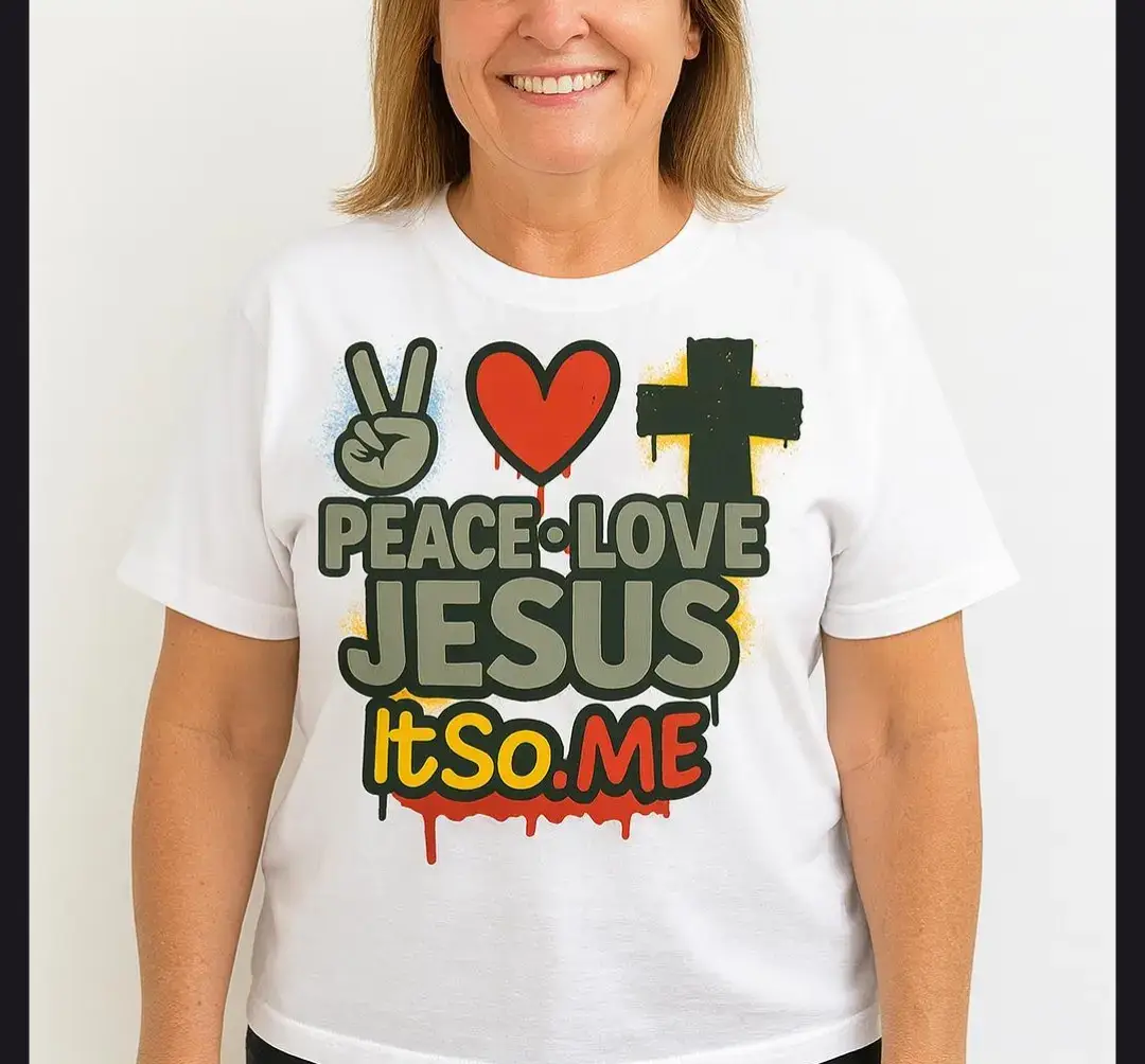 Faith, love, and positivity ✌️❤️✝️ Wear your belief boldly with this graffiti-style Peace • Love • Jesus tee. Perfect for church, Bible study, faith gatherings, or everyday wear to share the message of peace and love through Christ. A powerful statement of style and faith combined. http://ItSo.Me Hashtags: #PeaceLoveJesus, #ItSoDotMe, #FaithTee, #ChristianApparel, #ChristianStyle, , , , , , , , , , , , , , , , , , , , , , , , , 