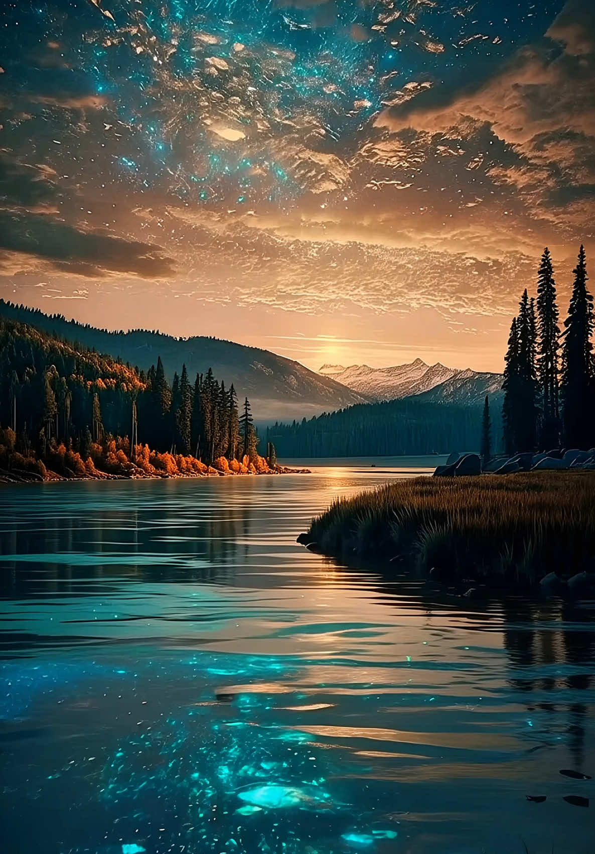 Live Wallpaper | The Golden Rivers’ Night 🌟🌊 🌌 Upon the golden river night reflects its endless skies, A lake of dreams where starlight in soft silence lies. A living background, like a 4K HD live wallpaper’s glow, A golden night aesthetic backdrop where timeless wonders flow. 🌲🌊 #wallpapers #livewallpapers #relaxingvideos #rivers #naturetiktok 