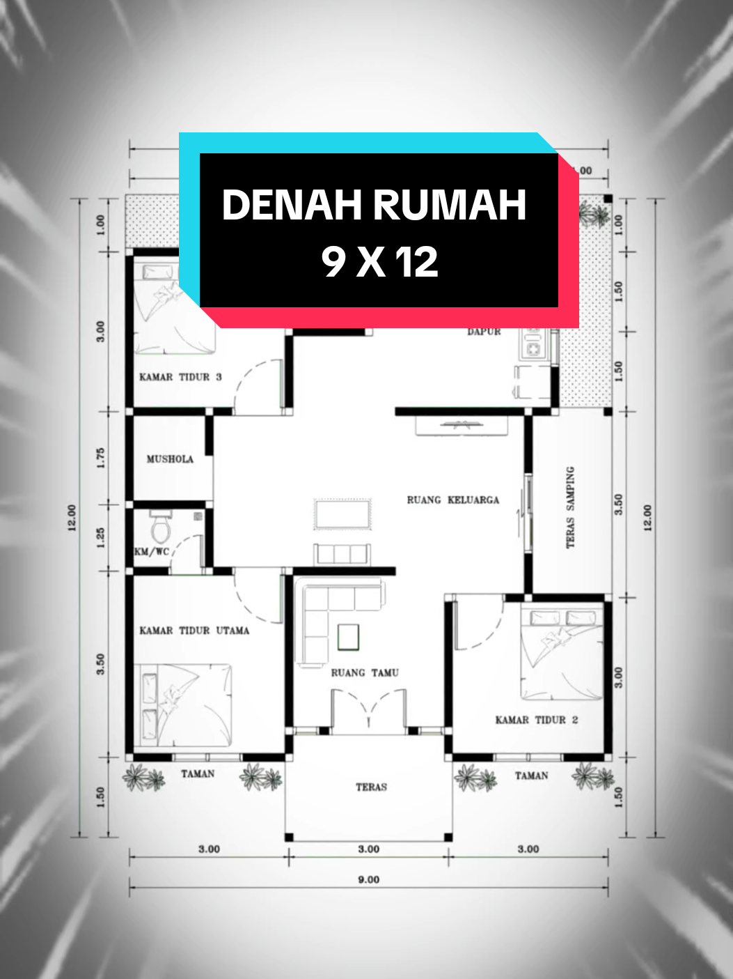 Denah Rumah 9 X 12 #denahrumahminimalis  #denahrumahmodern  #desainrumahminimalis 