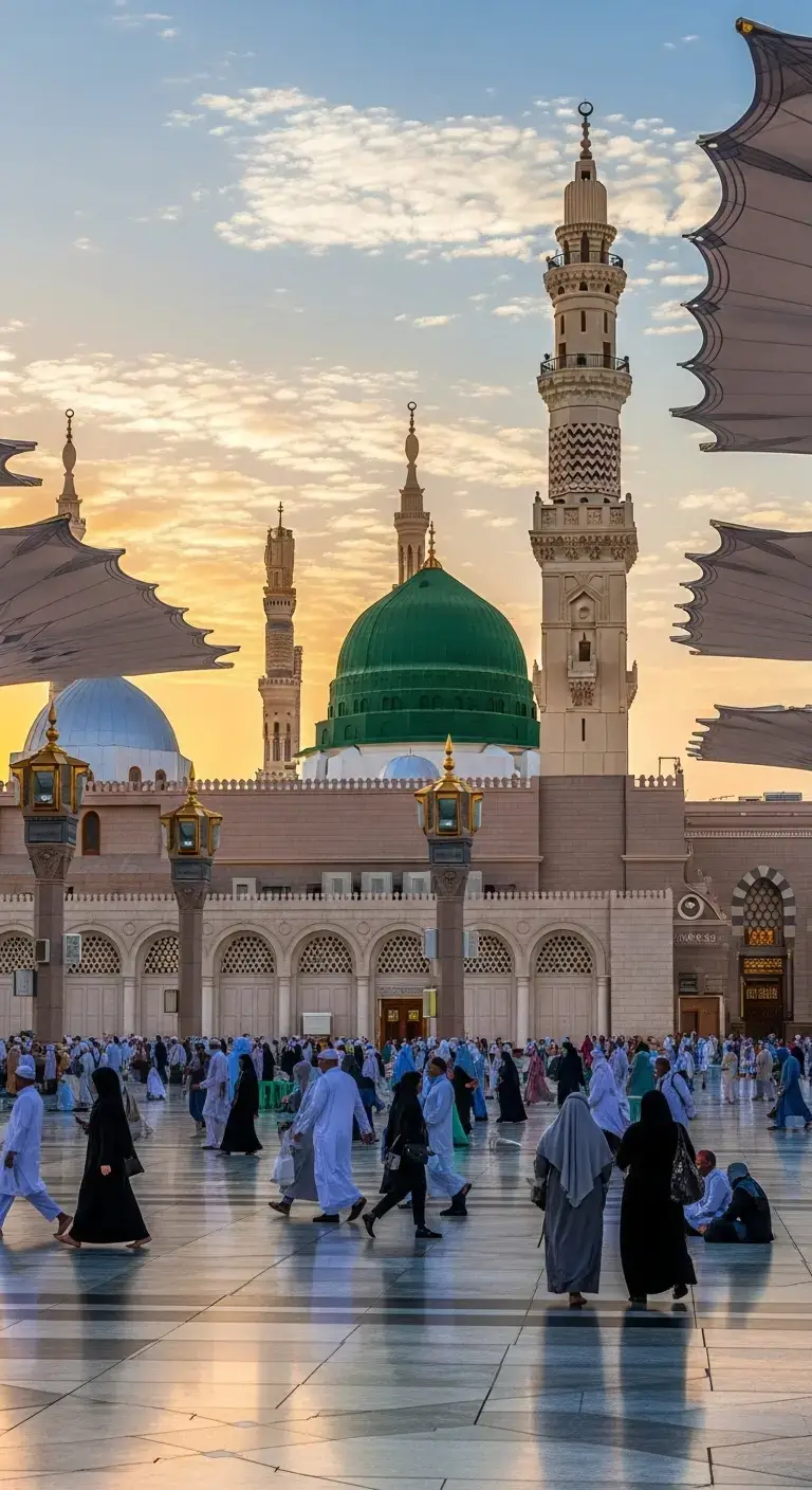 Madinah, the City of the Prophet, shines bright A beacon of faith, where Islam's history takes flight The Masjid an-Nabawi, a mosque of grandeur and might Where the Prophet Muhammad's tomb is a sacred sight The city's streets are lined with date palms, green and tall A tranquil oasis, where faith and peace enthrall Madinah's rich history and heritage are palpable and real A place where Muslims from all over the world come to feel The city's warm hospitality and welcoming smile Make it a place of pilgrimage, worth traveling a long while