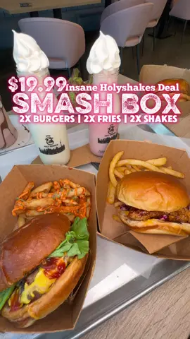 @HolyShakesCafe 🇨🇦 is offering $19.99 Smash Box Deal for a Limited Time. 🚥 HOLY SHAKES Edmonton 📍2674 James Mowatt Trail SW, Edmonton  $19.99 Smash Box includes: - 2X Burgers 🍔  - 2X Fries 🍟  - 2X Vanilla Shakes  🚨Everything can be upgraded for extra $$ ✅ All Meats are Halal #yeg #edmonton #edmtiktok #holyshakes #dubaichocolate 