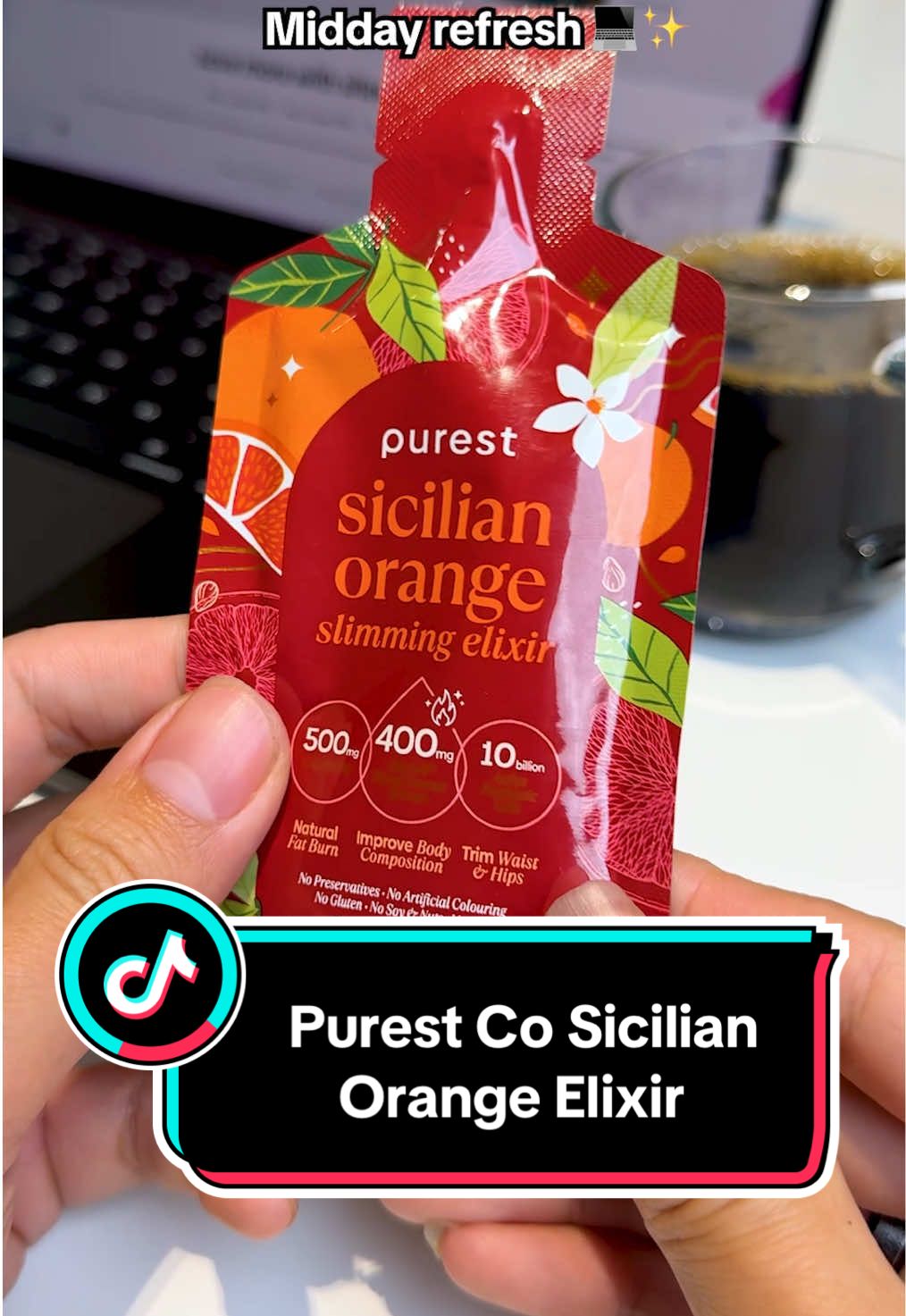 Midday refresh 💻✨ coffee swap → orange glow with Purest Co Sicilian Orange Elixir 🍊 #KartOutSG #KartOut #purestco #guthealth 