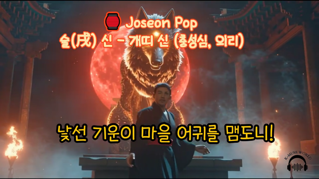 (완곡버전) 🔥 술(戌)(개신)이 납시었다! 집안에 액운을 물리치는노래 ”|DEMONHUNTERS | Pansori, Hip-hop | Fusion Korean Traditional Music 📌 설명 (한국어) 어이, 개신이 납시었네!   의리를 싣고, 충성을 싣고   당신의 집안에 닥칠 모든 액운을   내가 모두 쫓아내주리라!   ⚔️ 조선의 협객: 사혼(邪魂) 사냥꾼 [Demon Hunters] 세계관 OST   늑대신 개신(戌神), 의리와 충성의 수호자   오늘도 당신의 삶에 든든한 의지가 되어줄 개신의 노래로   주말의 저녁을 함께하세요. 📌 Description (English) Behold, Gae-shin, the Wolf Deity, has arrived!   Carrying loyalty, carrying devotion,   I will drive away every misfortune from your home.   ⚔️ Joseon’s Demon Hunters OST   The Wolf God of Loyalty and Faith — Gae-shin (戌神)   Let this song of Gae-shin bring you strength and peace,   as you end your Saturday evening with divine energy. 댓글로 자신의 띠를 많이 달아주시면 해당 띠로  다음 씨리즈를 만들어드립니다~~ #조선팝 #힙합퓨전 #개신 #술신 #K뮤즈월드 #전통국악 #한국힙합 #뮤직비디오 #전통과현대 #조선힙합#JoseonPop #HipHopFusion #SnakeGod #Deity #KMuseWorld #KoreanTraditional #KoreanHipHop #MusicVideo #TraditionAndModern #joseonhiphop,#늑대신,#의리,#충성,#JoseonHipHop,#WolfGod,#DemonHunters,#사혼사냥꾼,#K뮤즈월드,#KoreanHipHop,#MythicUniverse 📌 태그 (한국어+영어, 콤마 구분) #조선팝,#조선힙합,#개신,#늑대신,#의리,#충성,#JoseonHipHop,#WolfGod,#DemonHunters,#사혼사냥꾼,#K뮤즈월드,#KoreanHipHop,#MythicUniverse