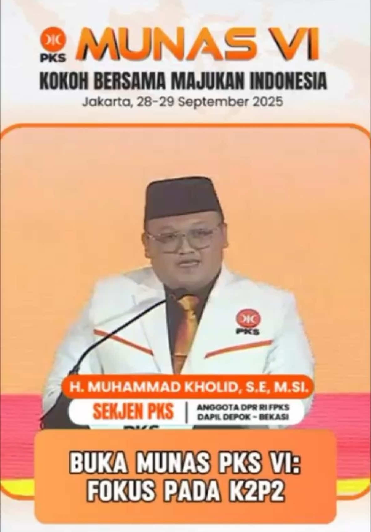 Buka Munas VI, Sekjen PKS: Fokus Pada K2P2 Dalam Pembukaan Munas VI di Jakarta, Sekjen PKS Muhammad Kholid menegaskan bahwa sejalan dengan arahan Presiden Partai Dr. Almuzzammil Yusuf, arah perjuangan lima tahun ke depan akan berfokus pada program K2P2: Kader, Kaderisasi, dan Pelayanan Publik. Kader yang solid dan militan, kaderisasi yang berjalan baik, serta pelayanan publik yang berkualitas adalah bekal utama agar PKS semakin kokoh di dalam, sekaligus membawa kebermanfaatan nyata bagi umat dan bangsa.