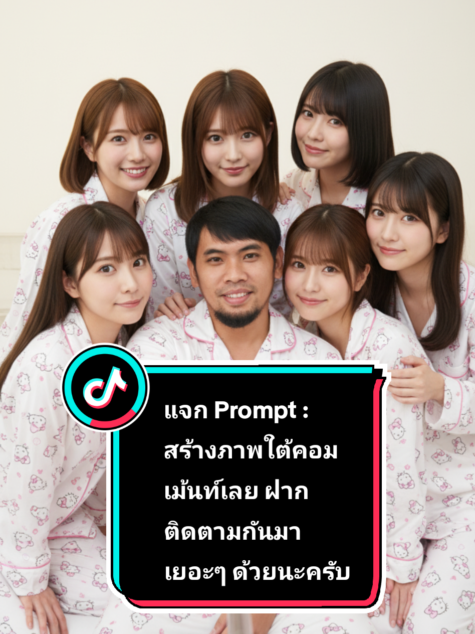 Prompt : สร้างคนยุกะสาวๆ สร้างภาพเซลฟี่กลุ่มสไตล์โฟโตเรียลลิสติก ใช้รูปภาพ[เหมือนต้นฉบับ 100%] เขาสวมชุดนอนลายคิตตี้สีขาวกำลังถือไม้เซลฟี่เพื่อถ่ายภาพ โดยรอบมีสมาชิก ดารา ได้แก่ Saeko Matsushita, Saika Kawakita, Aika Yamagishi, Mio Ishikawa, Sora Aoi และ Nanashima Mai แต่งชุดนอนสีขาว ทุกคนยิ้มและโพสต์ท่ากันอย่างเป็นกันเองเหมือนเพื่อนสนิท บางตัวละครโน้มตัวเข้าหากล้อง #เพิ่มผู้ติดตาม #Ai #ไฮไลท์ #เปิดการมองเห็น #สร้างภาพใช้ใบหน้าของฉันจากภาพต้นฉบับ 