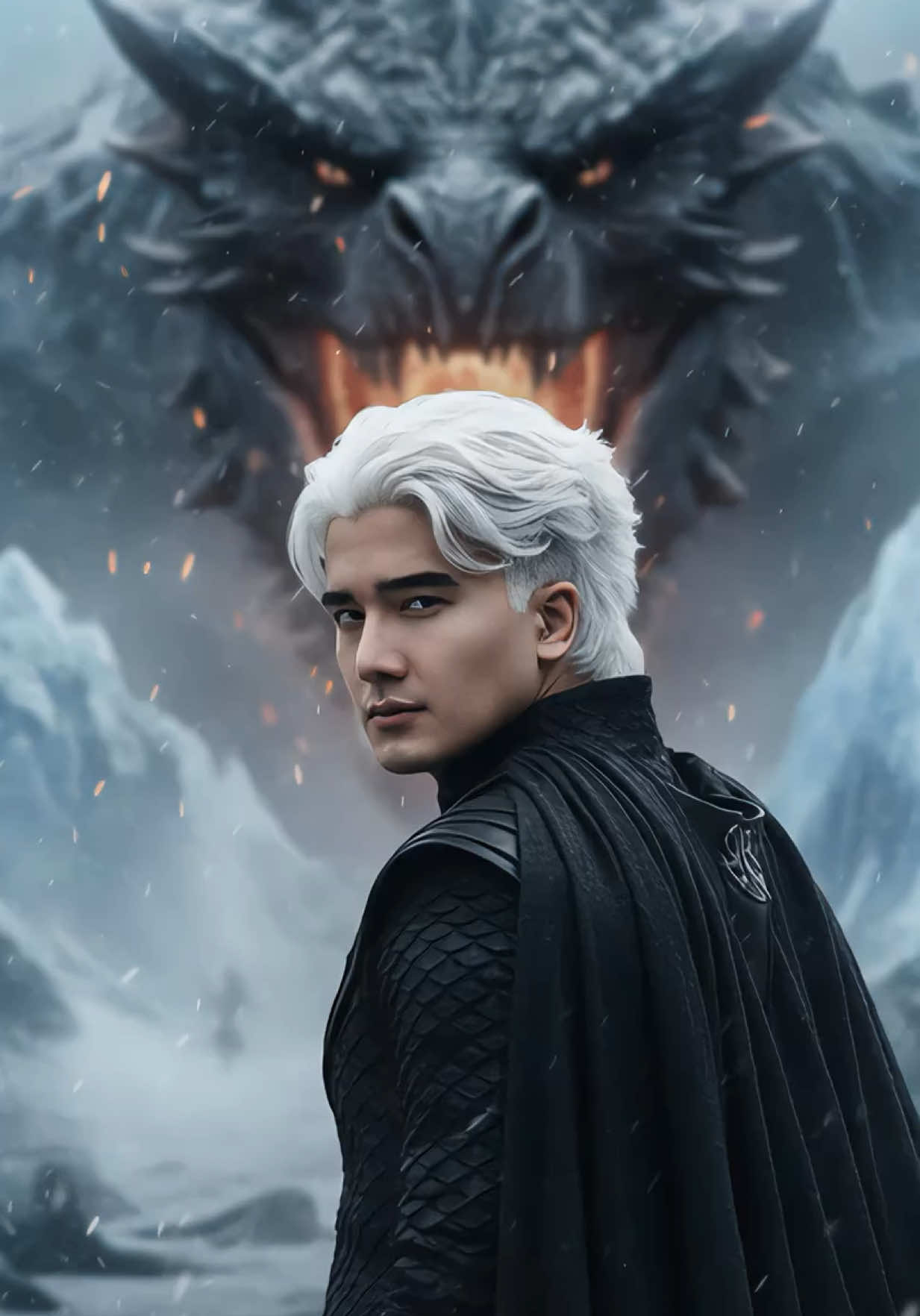 GEMINI Prompt✨ Create an ultra-realistic close-up photo in a cold environment with Drogon's face looking evil in the background. This panorama should be a little blurry. The man should be standing with his back turned, only turning his head to the left side looking at the camera.  He should be wearing black clothing with Targaryen dragon scales and cape, somewhat blurred, with the face and features of the people. Use the same man from the photo I'm giving you, the man's face should exactly match the reference photo, just change the tone of his hair to a cold white. Natural messy medium hair. #gemini #fypシ゚ #gameofthrones #ai #prompt 