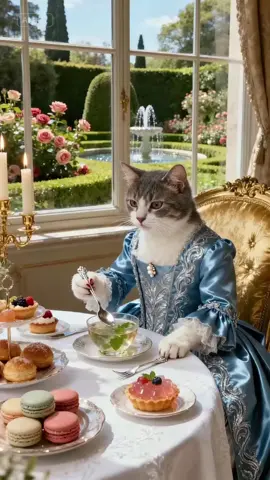 ✨ルイ14世風ドレスを纏った子猫が優雅にスイーツを堪能🍰☕ 華やかで上品なAI映像に癒される🐾 #猫動画 #AI動画 #フランス風 #高級感 #かわいい