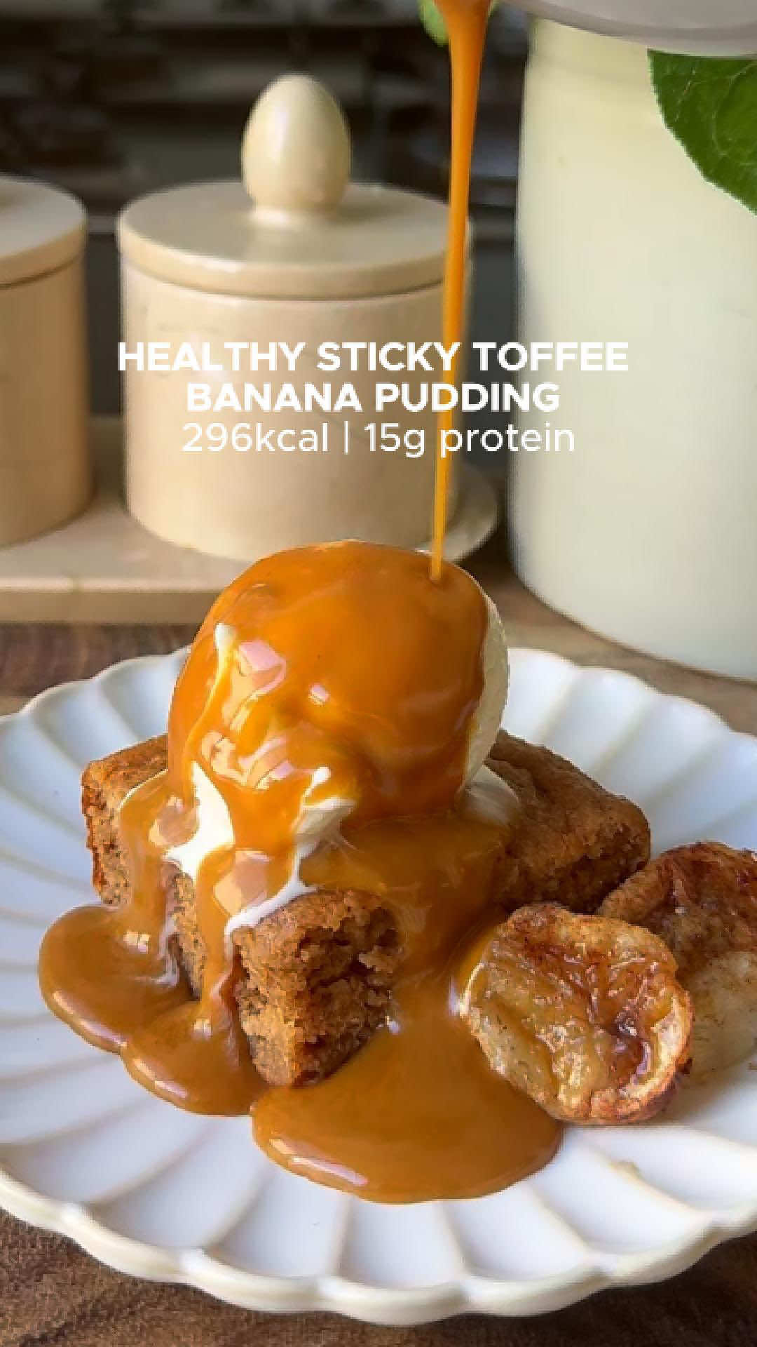 HEALTHY STICKY TOFFEE BANANA PUDDING 😍👌Made with wholesome ingredients like oats, yoghurt, bananas, almond butter, and just a touch of maple syrup for natural sweetness. The best part? The pudding layer comes together in seconds with a food processor - minimal effort, maximum reward. Macros: (serves 9) • 296kcal • 15g P (inc. yoghurt) • 41.2 C • 8.9g F Ingredients: • 2 medium extra ripe bananas mashed (2/3 cup) • ¼ cup maple syrup • 1 tbsp light butter melted • 2 tbsp almond butter • 1/3 cup almond milk • 2 eggs • 1 cup vanilla yoghurt • 1.5 cups of oat flour • 2 scoops (80 grams) @Macro Mike - Clean Treats Vanilla Buttercream protein  • 2 tsp cinnamon • 2 tsp baking powder   Sticky Toffee Sauce • ¼ cup coconut sugar • 2 tbsp maple syrup • 1/3 cup yoghurt • 1 tbsp light butter • 1/2 tsp miso paste (can leave out) To serve: Serve with 50g frozen natural yoghurt or just regular yoghurt and optional fried banana slices. Method: 1. Preheat oven to 175°C (350°F). In a large blender or food processor, add mashed banana, yoghurt, eggs, almond butter, melted butter, milk and maple syrup. Blend on high for 15 seconds. 2. Add oat flour, protein powder, cinnamon & baking powder. Pulse until just combined - don’t overmix! If your batter isn’t fully combined, unplug your blender and just take a spatula and gently finish mixing by hand. 3. Pour batter into a lined 8x8 inch baking tin. Bake for 25 minutes or until a toothpick comes out clean. Leave to cool for 1 hour. 4. For the sauce: In a small saucepan, heat butter, coconut sugar, miso & maple syrup until bubbly. Let cool a bit, then stir in yoghurt. Let thicken for 10 mins. I served mine with frozen yoghurt but feel free to serve with regular yoghurt or ice-cream. Notes: Store in an air-tight container for up to 5 days. To reheat, place a slice of pudding on a small plate with 1-2 tablespoons of the toffee sauce and microwave for 40 seconds.