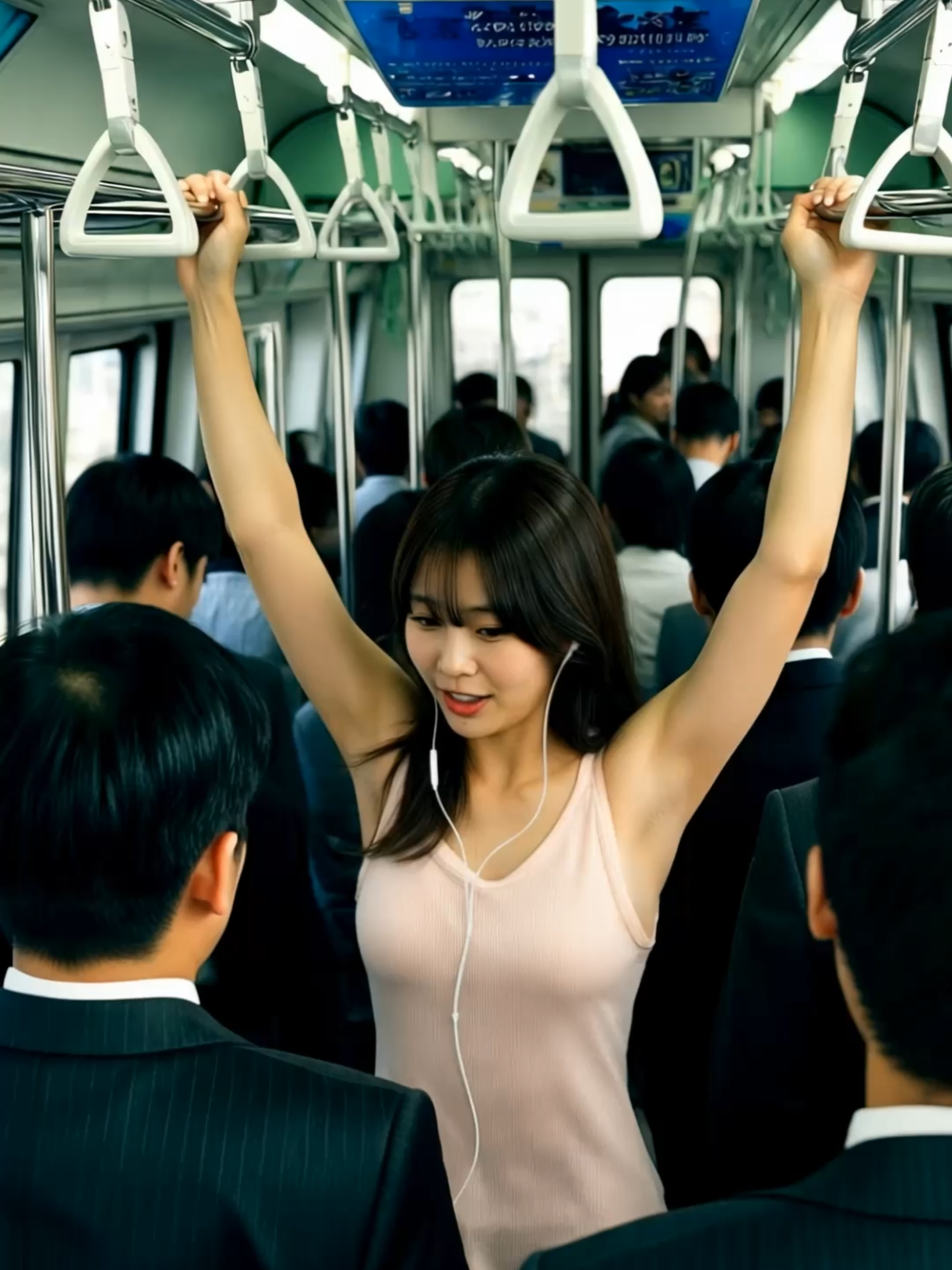 満員電車 白いイヤホンの美女 #rushhourjapan #ai美女