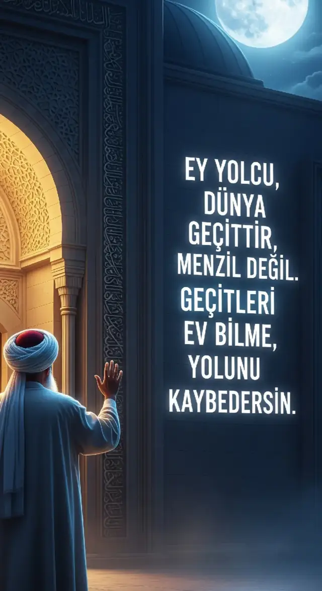 “Ey yolcu, dünya geçittir, menzil değil. Geçitleri ev bilme, yolunu kaybedersin.” 🚶✨ #tasavvuf #derinsözler #hakikat #gönül #hikmet 