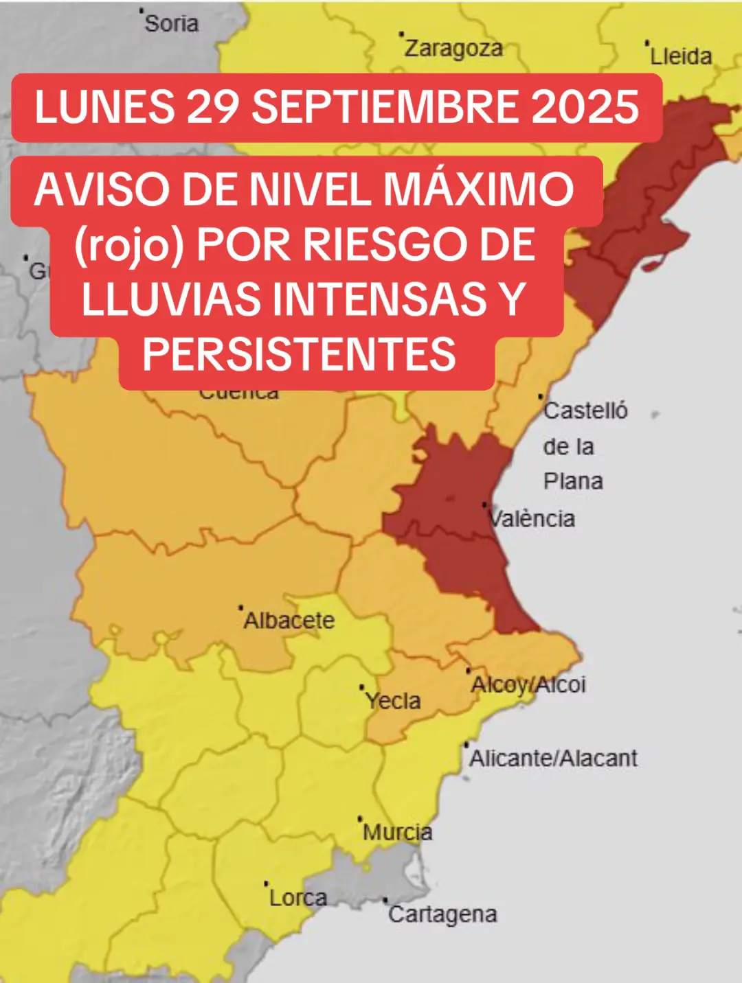 AVISO DE NIVEL ROJO POR RIESGO DE LLUVIAS MUY INTENSAS PARA EL LUNES, 29 DE SEPTIEMBRE DE 2025: ⏩Pueden descargar hasta 60 litros por metro cuadrado de lluvia en una hora o 180 en 12, superándose los 200 en algunos lugares ‼️    ⏩ Muy importante extremar la precaución y seguir las actualizaciones de la previsión en https://www.112cv.gva.es/es/preemergencias-meteorologicas ⏩ Con el nivel de aviso más alto activado la suspensión de clases es más que probable. Y también pueden llegar a decretarse restricciones a la movilidad. #ALERTA