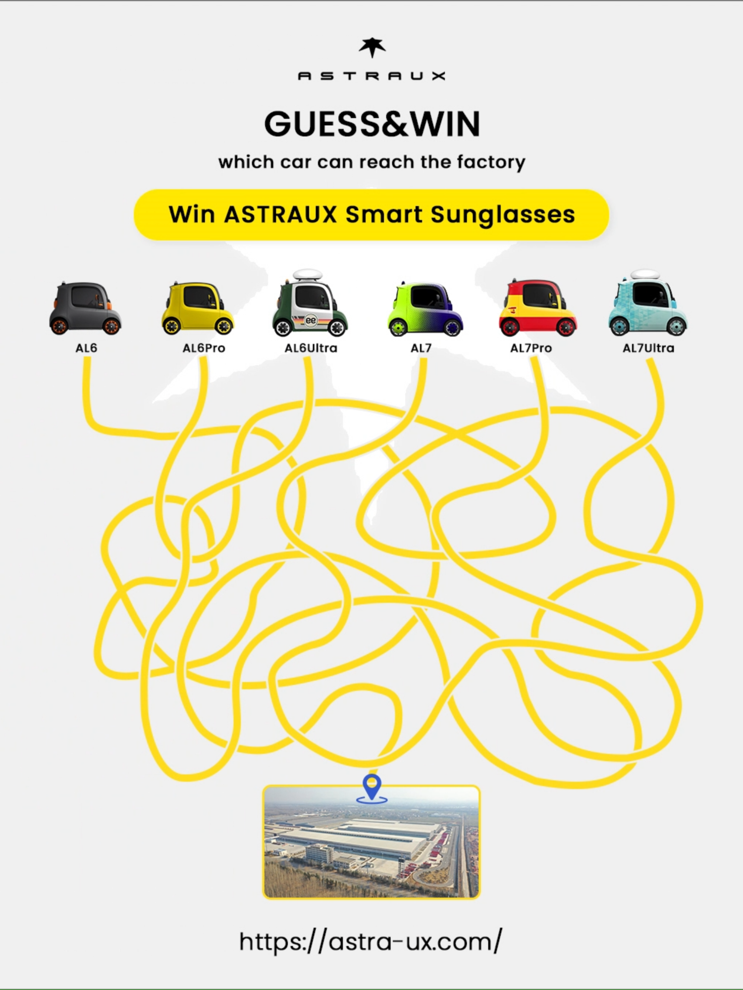 Check out the world-class factory where ASTRAUX comes to life. Can you find which car can reach the factory from the puzzle below? Those who guess correctly might win a pair of ASTRAUX Smart Sunglasses. Winners will be announced on October 10. 🕒 For full rules and winner announcement details, check: https://astra-ux.com/pages/promotions or head to the link in bio. #ASTRAUX #ElectricVehicles #electricvehiclesarethefuture #EVLife #electriccar