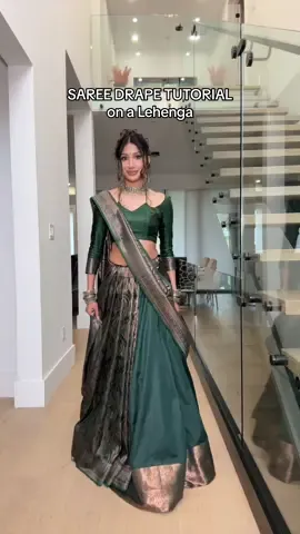 what do you guys think of this different style saree drape? 🥰 #sareedraping #saree #fyp #sareedrapingtutorial #lehenga 