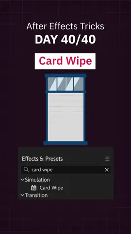 يوم 40 من سلسلة افيكتات الافترافيكت  🃏✨ تأثير Card Wipe يخليك تعمل انتقال بين المشاهد بأسلوب بطاقات متحركة ثلاثية الأبعاد داخل After Effects. مناسب لعمل انتقالات احترافية، عروض تقديمية، أو مشاهد موشن جرافيك مليانة حركة وديناميكية. 💡 Tip: جرّب اللعب بالـ Rows و Columns عشان تتحكم في عدد البطاقات واتجاهها. #موشن_جرافيك #افترافكت #موشن_ديزاين #aftereffects #motiongraphics 