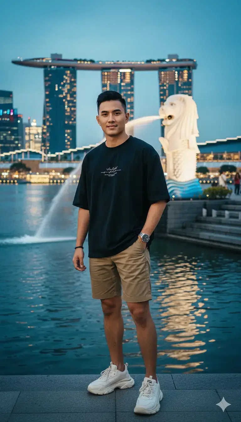 Prompt: Ultra-realistic cinematic vertical photo (9:16) of an Indonesian Chinese young man with short neat hair, wearing a casual streetwear style — loose graphic t-shirt, stylish chino shorts above the knee, and premium branded sneakers. Accessories: modern wristwatch, simple black bracelet. He stands casually in front of the iconic Merlion fountain in Singapore, water spraying into the air. Background: Marina Bay Sands skyline with evening lights glowing, reflections on the bay water. Pose: relaxed with one hand in pocket, slight smile, stylish tourist vibe. Lighting: golden hour soft sunlight turning into blue hour, HDR cinematic shadows, realistic skin tone. Camera: medium full-body vertical shot, 35mm lens, eye-level, ultra-detailed 8K RAW photo. #merlion #singapore #fypシ゚ #googlegemini #aigenerated 