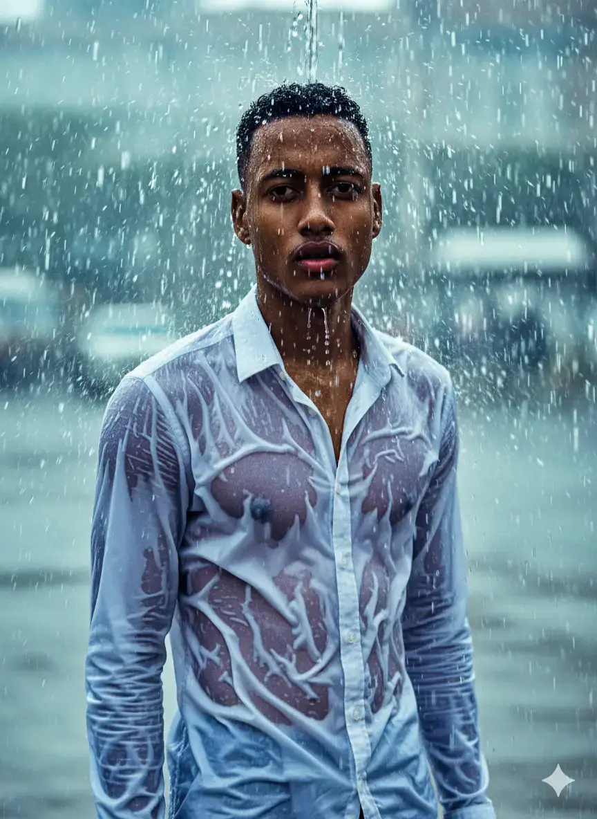Create an image of a stylish model standing in the pouring rain, drenched and expressive, wearing a semi-wet white social shirt with subtle transparency, artistically clinging to her form. She looks up with a cinematic and emotional expression. Raindrops hang in the air, dramatic lighting with cool blue tones, soft fog in the background, shallow depth of field. Editorial quality of fashion photography, aesthetics, captured in Ultra HD 4:3. Tech finish: Faithful rendering of facial details. Submitted image, portrait orientation, 8K resolution, hyper-realistic, DSLR quality, Hasselblad X2D 1000, sharp focus, shallow depth of field.no. No headphones, remove headphones. #chatgptprompts #gemini #geminipront #IA #prompt 