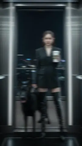A beautiful young woman standing in a modern elevator, wearing an oversized black blazer as a dress, holding a Starbucks coffee cup in her right hand, holding a leash in her left hand. Beside her stands a large black German Shepherd dog. She is wearing thigh-high black boots, straight hair, elegant and fashionable look. Cinematic lighting, high fashion editorial style, realistic photo.