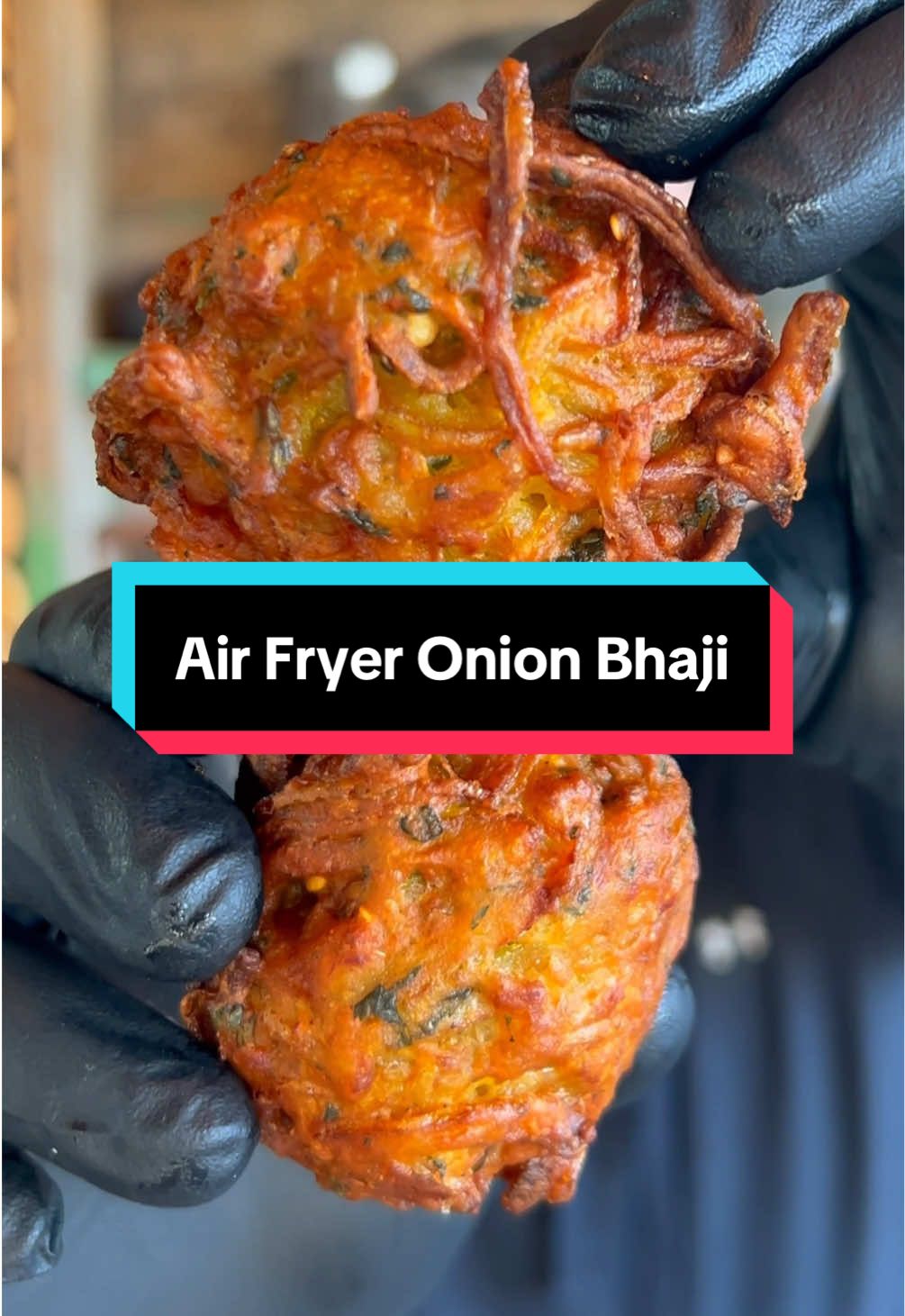 This banging air fryer onion bhaji recipe keeps getting requested so here it is for you. As always the full recipe is down below 🔥🌶️👇🏼 Air Fryer Onion Bhajis (makes 8)
 
 4 onions peeled and very thinly sliced
 1 heaped tsp. sea salt
 100g gram flour (chickpea flour)
 ½ tsp. garam masala
 ½ tsp. turmeric
 ½ tsp. chilli flakes
 2 tbsp. fresh coriander finely chopped
 30ml water
 
 Method:
 
 1: Pop the sliced onions into a bowl then sprinkle in the salt, mix well then leave to stand for 30 minutes, this will soften the onions. Sift in the flour then add the spices and just enough water to make a thick batter, mix together gently. Divide the mixture into 8 and shape into balls. Deep fry for 4-5 minutes in oil heated to 160c.
 
 2: Alternatively cook in your air fryer, set to 190c, place the bhajis onto a greased crisp plate within then air fryer drawer, spray with oil then cook the bhajis for 20 minutes turning halfway through.  #fakeaway #onionbhajis #indianfood #onionbhaji #airfryer  