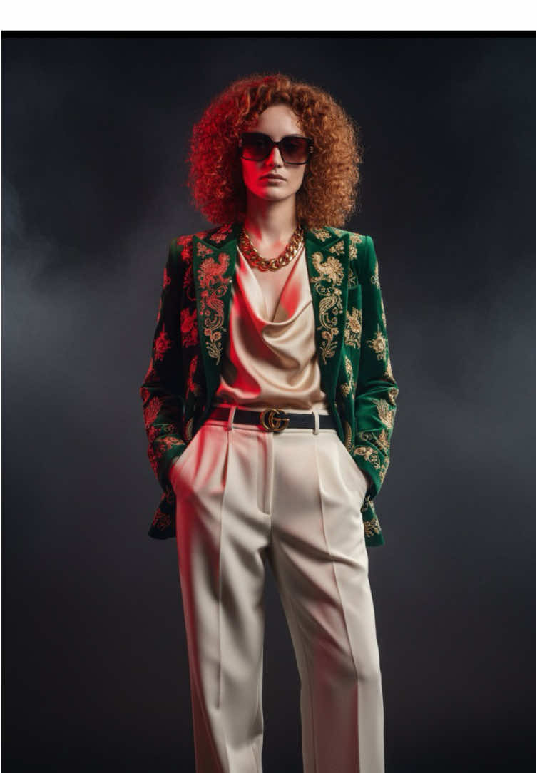 edit your photo by Google gemini 1.open gemini 2.upload your face photo  3.copy prompt from below  prompt: RAW photo, ultra-realistic, high dynamic range, full-body cinematic fashion editorial. A confident person stands against a stark, dark background, dramatically illuminated by a bold, intense red frontal key light that wraps softly around their form, enhancing the textures and rich details of the outfit. Wearing an opulent Gucci-inspired ensemble: a tailored emerald green velvet blazer with intricate gold embroidery, paired with high-waisted cream wide-leg trousers with a flawless crease. Under the blazer, a silky champagne blouse with a soft drape and subtle sheen. Statement accessories include a chunky gold chain necklace, oversized tinted sunglasses, and a slim leather belt with an iconic GG buckle. On the feet, sleek polished black loafers with gold hardware. Rich textures — velvet, silk, leather — are captured in exquisite detail, showing stitching, folds, and realistic reflections. Lighting emphasizes depth and contour, creating a moody, high-fashion atmosphere. Shot with Leica SL2 + APO-Summicron-SL 90mm f/2 ASPH lens, ISO 100, f/1.8, 1/250 sec, professional Vogue-style composition. 9:16 ratio. #gemini #womensfashion #cinematic #viral #ai 