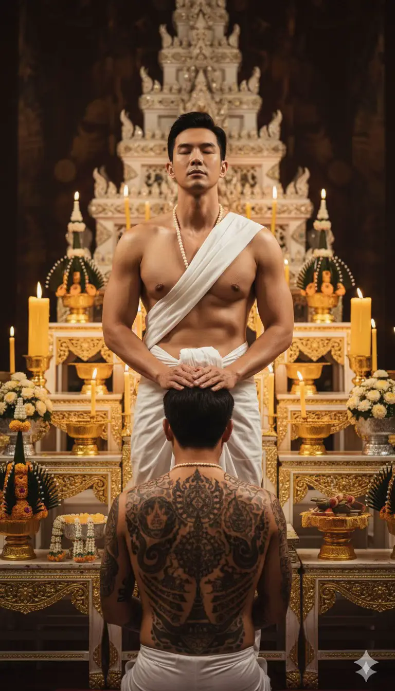 #gemini #aigemini #พ่อหมอ  ชายวัย 30 ปี รูปร่างดี อ้างอิงใบหน้าและทรงผมจากภาพ ผิวขาวผ่องมีราศรี สวมโสร่งสีขาวจีบหน้านาง (white robe/shawl) มีผ้าสีขาวพาดไหล่ สวมสร้อยลูกปะคำสีครีม เปลือยท่อนบน ยืนตรง สงบนิ่ง หลับตาเล็กน้อย แหงนหน้าเล็กน้อย มือทั้งสองข้างวางบนศีรษะของชายอีกคนหนึ่ง (blessing/consecrating) แสงไฟและเทียนส่องให้เห็นกล้ามเนื้ออย่างสวยงาม ผู้รับพิธี: ชายหนุ่มคุกเข่าหันหลังให้กล้อง เปลือยท่อนบน เผยให้เห็นรอยสักยันต์ (Sak Yant tattoos) ที่แผ่นหลัง รอยสักมีความละเอียดและเข้มขลัง ฉากหลัง/องค์ประกอบ: แท่นบูชาสีขาวทองอร่าม แบบไทยวิจิตรบรรจง มีเทียนไขสีเหลือง หรือ สีทอง จำนวนมากจุดอยู่โดยรอบ สร้างบรรยากาศขลังและอบอุ่น (warm, sacred atmosphere) มี พานดอกไม้, เครื่องบูชา และ มาลัย จัดวางอย่างเป็นระเบียบตามประเพณี แสง: เน้นแสงสีทองนวล (golden, soft light) จากเปลวเทียนและโคมไฟ ส่องสว่างเฉพาะจุด สร้างความลึกและเงาที่น่าสนใจในภาพ (dramatic lighting) สไตล์: โทนสี: สีทอง, สีขาว, สีน้ำตาลอ่อน และสีเข้มของรอยสัก ความละเอียด: Ultra-detailed, High-resolution, Cinematic lighting 