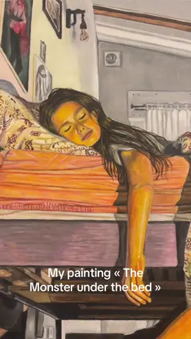 This painting is about reconnecting with your inner child, being your own monster under the bed. Here to guide and protect. This univers ive created is warm. In this room bathed in an orange glow, the chimera under the bed slats is nowhere near frightening. #art #artist #artistoftiktok #painting #painter #artoftiktok #painter #fyp #bigthief #adriannelenker 
