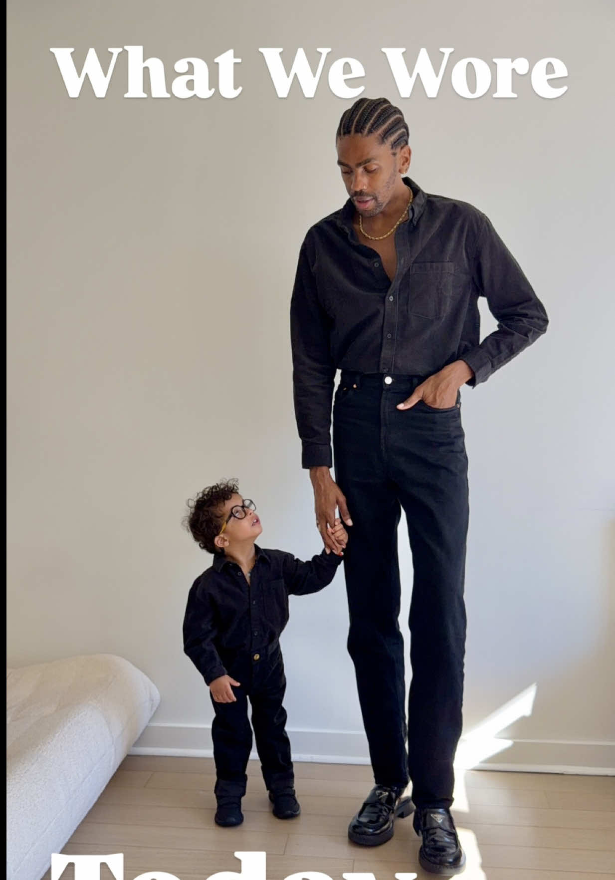 Like father, like son. Ducky and I kept it sleek today in our matching all black fits. Simple, sharp, and always better together. Here is our outfit breakdown.  Ducky: Shirt @hm_kids  Pants @hm_kids  Sneakers @prada  Dada: Shirt @hm_man  Pants @ragandbone  Shoes @prada  Accessories @spinellikilcollin @davidyurman @cartier @tiffanyandco  What’s your favorite part?  . . #OOTD #fatherandson #ootdfashion #toddlerfashion #ootdmagazine  