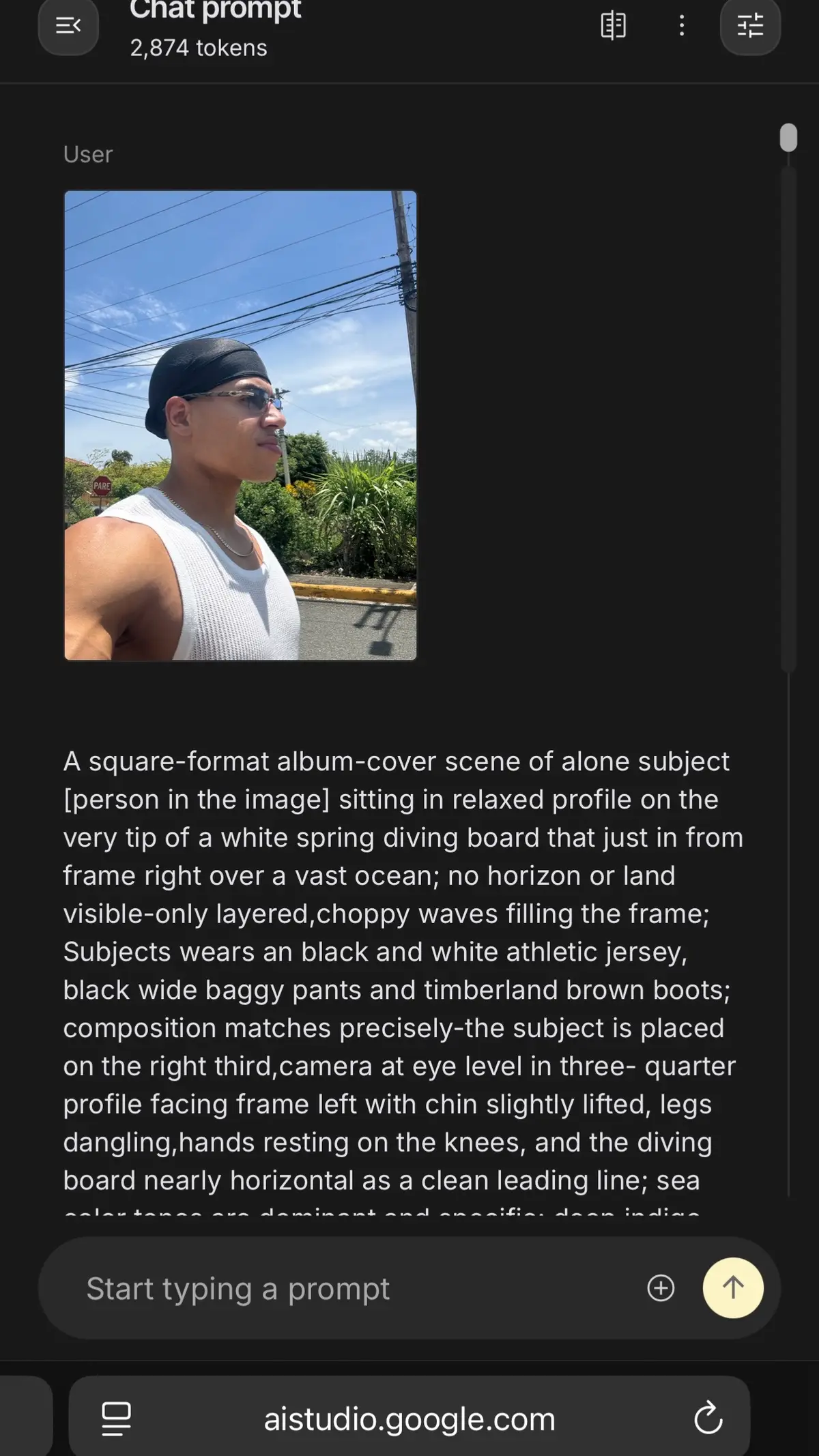 Prompt: A square-format album-cover scene of alone subject [person in the image] sitting in relaxed profile on the very tip of a white spring diving board that just in from frame right over a vast ocean; no horizon or land visible-only layered,choppy waves filling the frame; Subjects wears an black and white athletic jersey, black wide baggy pants and timberland brown boots; composition matches precisely-the subject is placed on the right third,camera at eye level in three- quarter profile facing frame left with chin slightly lifted, legs dangling,hands resting on the knees, and the diving board nearly horizontal as a clean leading line; sea color tones are dominant and specific; deep indigo base with Prussian blue mid-tones, teal cyan highlights on wave crests, cool slate-blue shadows, and near-black troughs with subtitle silver specular glints-overall cool blue-hour pallete; lightning is soft, diffuse late-day with gentle falloff; add fine film grain, faint halation, slight vignette, mild matte curve, and restrained contrast; shot with a 35mm film look using 135mm telephoto equivalent at f/4. 1/500s. ISO 400 for crisp focus on subject and board with medium-deep depth to keep wave texture legible; include a small “Parental Advisory: Explicit Content” label tucked into the bottom-right corner matching commercial album art convention #aistudio #trending #aiphoto 