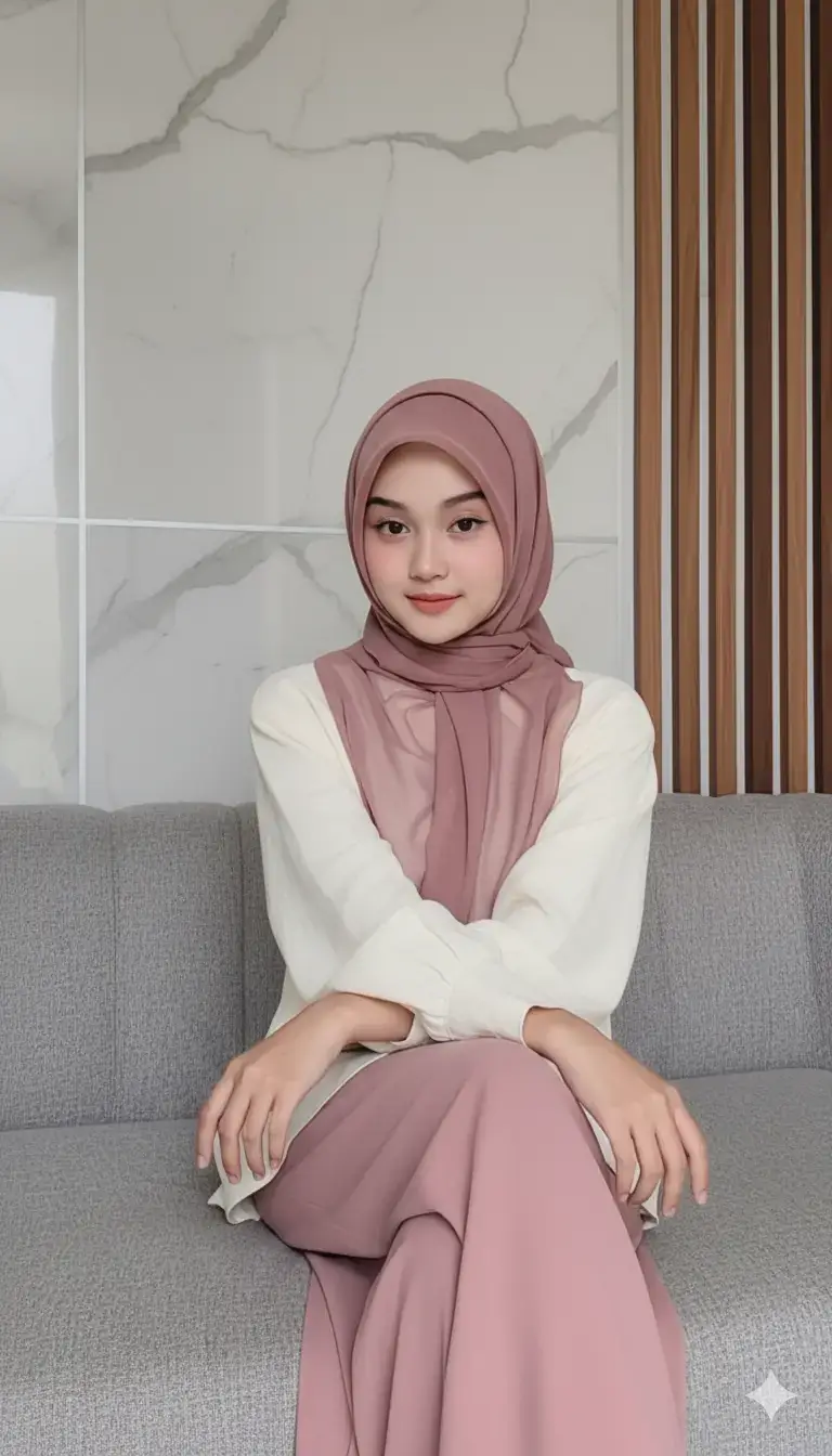 Edit gambar menjadi: Seorang wanita muda berparas manis mengenakan jilbab (hijab) berwarna dusty pink yang lembut, dipadukan dengan kemeja longgar berwarna krem atau putih tulang dan bawahan berwarna senada dengan jilbab. Ia duduk santai di sofa abu-abu di dalam rumah mungkin ruang tamu, dengan latar belakang dinding marmer dan panel kayu vertikal berwarna cokelat gelap dan terang. Ekspresinya tenang dan sedikit tersenyum, menatap lurus ke kamera. Pencahayaan lembut dan hangat, menciptakan suasana yang nyaman. #prompterchallenge #prompt #gemini #viral #fyp 