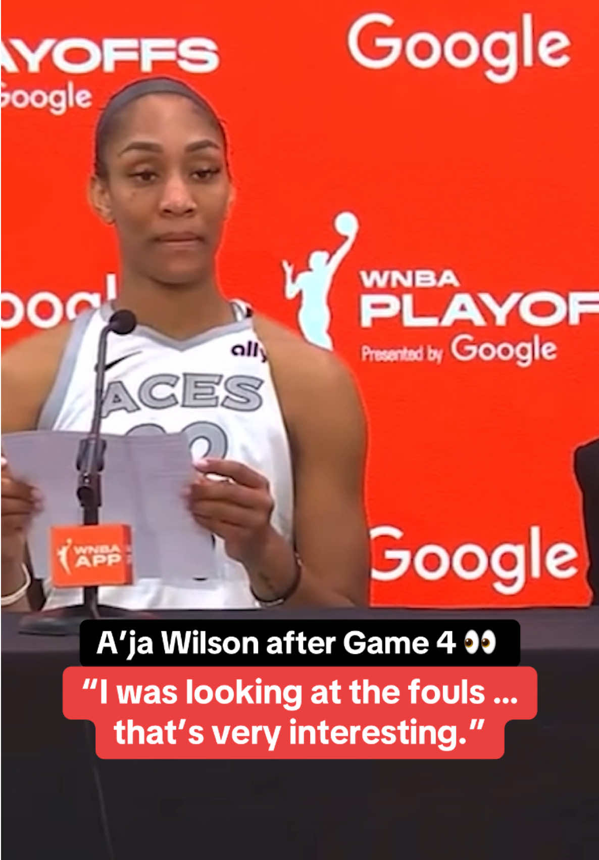 A’ja Wilson thought the foul situation after Game 4 was “very interesting.” #WNBA #ajawilson #aces #fever #womensbasketball 