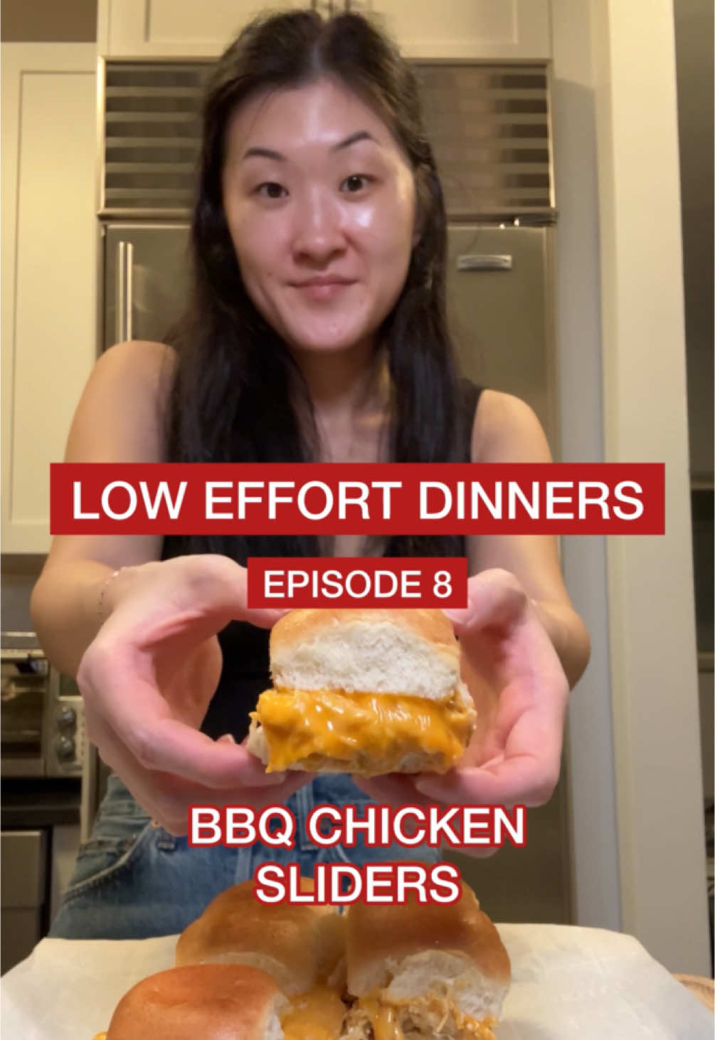 Episode 8 of my low effort dinners!! Super easy dinner ideas especially for the days you don’t want to cook! Follow for more episodes 🤗 Bbq chicken sliders for dinner tonight! The best thing about this might be the bread that gets nicely toasted on the top and bottom, so you get a bit of a crunch to it instead of soft bread. This was way too easy 👏🏼 Buffalo chicken would be so good too! Which do you prefer? Buffalo or bbq chicken?? Ingredients (6 sliders, ~2 servings) 6 Hawaiian rolls ~1.5 cups of rotisserie chicken, shredded 1/4 cup cottage cheese 1/2 cup Bbq sauce 3 slices American cheese, or cheese of choice 1. Preheat oven to 350.  2. Mix the chicken, bbq sauce, and cottage cheese together. Add more bbq sauce if it’s not enough or to your liking.  3. Slice the rolls in half and place the bottom half on an oven safe tray. Spread the bbq chicken mix onto the rolls. Add the cheese on top of the chicken mixture. Place the top half of the rolls on top.  4. Cover with foil and bake for 15-18 minutes. 5. Remove from the oven and enjoy! #EasyRecipe #asmr #dinner #DinnerIdeas #chicken 