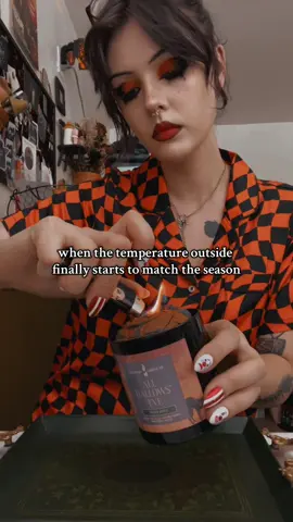 it even rained yesterday, i could cry 🎃🍂🦇  . 🖤 @Goth Cloth & Deco : sleep set 🕯️ @Purgatory candle co : candle 🎃 @Lively Ghosts : spoon 🧦 @FootClothes : socks  🤡 @Glamnetic : nails . #fallvibes🍂 #sleepset #cozygoth #gothloungewear #halloweenpajamas 