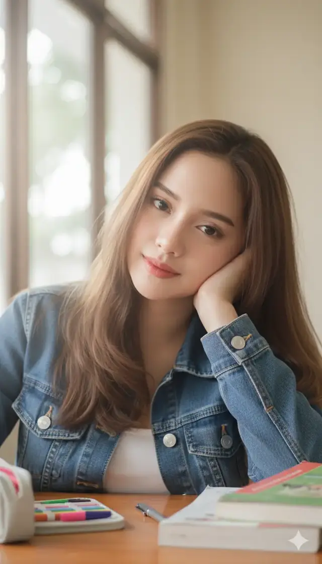 A beautiful lady with fair skin and long, naturally flowing, soft brown hair that falls slightly tousled around her face, wearing a blue denim jacket with white inner top, rests her head on her arm on a wooden table. She looks directly at the camera with a calm yet slightly serious expression. Natural lighting from the window behind her creates a soft atmosphere, with a slightly blurred background (bokeh) so that the main focus remains on her face. On the table are textbooks, a pencil case, and a pen, adding to the impression of a classroom or study setting. Camera Angle: Close-up shot, eye-level angle (camera level with the subject's eyes), slightly tilted from the front, so that the face is clearly visible with a shallow depth of field that blurs the background. 4K Photo. #newtrend  #fyppppppppppppppppppppppp  #creatorsearchinsight 