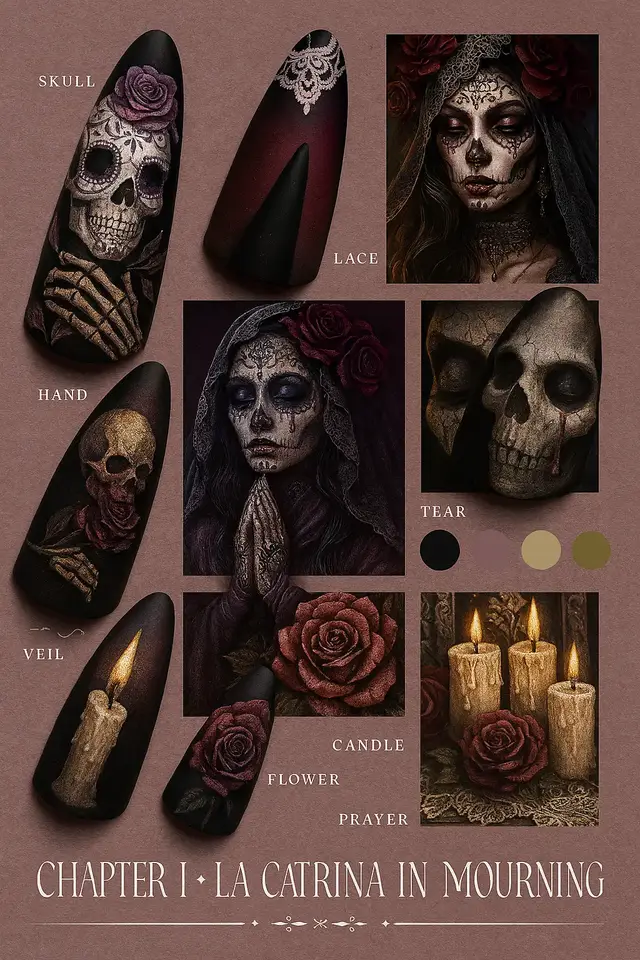 I dont always have the time to flush out ideas or recreate them (so sad) but I found away around it by playing around with mood boards using modern tech. Hope this helps someone out in a brain fog for dia de los muertos nails. #diadelosmuertos Enjoy & let me know what you think?