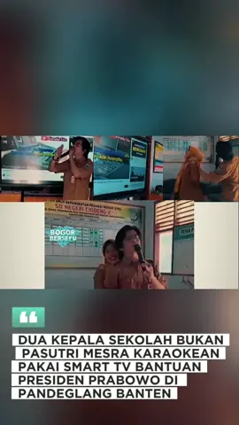DUA KEPALA SEKOLAH BUKAN PASUTRI MESRA KARAOKEAN PAKAI SMART TV BANTUAN PRESIDEN PRABOWO DI PANDEGLANG BANTEN TERUNGKAP SOSOK IBU GURU YANG MESRA KARAOKE DENGAN KEPALA SEKOLAH (KEPSEK) MENGGUNAKAN SMART TV BANTUAN PRESIDEN RI PRABOWO SUBIANTO. TERNYATA, IBU GURU TERSEBUT JUGA KEPALA SEKOLAH YANG BERTUGAS DI WILAYAH PANDGELANG, BANTEN. HAL INI DIUNGKAP OLEH KOORDINATOR ADMINISTRASI (KORMIN) PENDIDIKAN KECAMATAN SINDANGRESMI, PANDGELANG, BANTEN, AI JUBAEDAH, PADA MINGGU (28/9/2025). KEMUNCULAN SEPASANG OKNUM KEPALA SEKOLAH INI MEMBUAT HEBOH DUNIA MAYA, KARENA MEREKA ASYIK KARAOKE DENGAN MENGENAKAN SERAGAM DINAS LENGKAP SAAT JAM BELAJAR MENGAJAR BERLANGSUNG. BAHKAN, KEDUANYA SALING BERPELUKAN MESRA SAAT BERNYANYI, MENEGASKAN HUBUNGAN MEREKA YANG BUKAN SUAMI ISTRI. BELAKANGAN DIKETAHUI, YANG ASYIK KARAOKE ADALAH OKNUM KEPALA SEKOLAH SDN 2 CIODENG, PANDGELANG, BANTEN. MIRISNYA, KEDUANYA MEMAKAI SMART TV BANTUAN PRESIDEN PRABOWO SUBIANTO. SMART TV INI MERUPAKAN BAGIAN DARI PROGRAM PRESIDEN PRABOWO SUBIANTO YANG MENYALURKAN 330 RIBU UNIT SMART BOARD ATAU SMART TV KE SEKOLAH-SEKOLAH DI SELURUH INDONESIA, SEBAGAI UPAYA MEMPERLUAS AKSES PEMBELAJARAN DIGITAL, TERUTAMA DI DAERAH TERPENCIL. DINAS PENDIDIKAN PEMUDA DAN OLAHRAGA (DISDIKPORA) KABUPATEN PANDGELANG, BANTEN, MENCATAT SEBANYAK 148 SEKOLAH DASAR (SD) TELAH MENERIMA BANTUAN SMART TV BERBASIS DIGITALISASI PENDIDIKAN. JUMLAH TERSEBUT BERASAL DARI TOTAL 850 SD NEGERI DAN 23 SEKOLAH SWASTA YANG ADA DI WILAYAH PANDGELANG, BANTEN. 