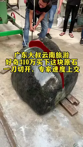 广东大叔云南旅游，好奇310万买下这块原石，一刀切开，专家速度上交#翡翠原石 #原石毛料 #以石会友