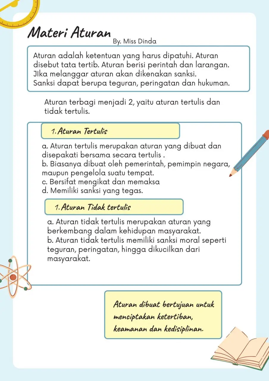 LKPD Pendidikan Pancasila  Aturan dan Jenisnya Cara mengerjakan  1. Siswa mendengarkan penjelasan dari guru terkait materi Aturan hingga contoh Aturan tertulis dan tidak tertulis di sekolah.  2. Masing² siswa mengambil 1 LKPD sesuai keinginannya 3. Menu yang disajikan (nasi ikan goreng, pecel lele, nasi goreng, nasi kuning dan seblak) 4. Siswa dapat berkreasi dengan menu yang disajikan, menu yang dipilih kemudian ditempel pada piring kosong setelah itu mereka dipersilahkan untuk menjawab soal. 5. LKPD piring jadul digunakan untuk menyusun sate lilit, dimana masing² siswa mengambil 6 sate lilit secara acak. siswa mengkategorikan mana yang termasuk kedalaman Aturan tertulis dan tidak tertulis di sekolah.  Selamat mencoba 🥰