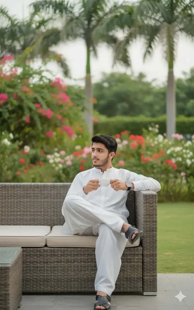 An editorial full-shot portrait of a stylish man of South Asian descent, sitting casually on a modern wicker outdoor sofa. He is wearing a crisp, traditional white shalwar kameez and black leather sandals. His left hand holds a white cup, and his right arm rests on the back of the sofa. He has a neatly trimmed beard and mustache and is looking slightly to his left with a confident expression. The backdrop is a vibrant outdoor garden with lush green foliage, pink and red flowers, and palm trees under soft daylight, creating a relaxed and elegant atmosphere. The image has a natural, slightly blurred background, emphasizing the subject #trending #tiktoklive #fyp #1millionaudition #googlegemini 