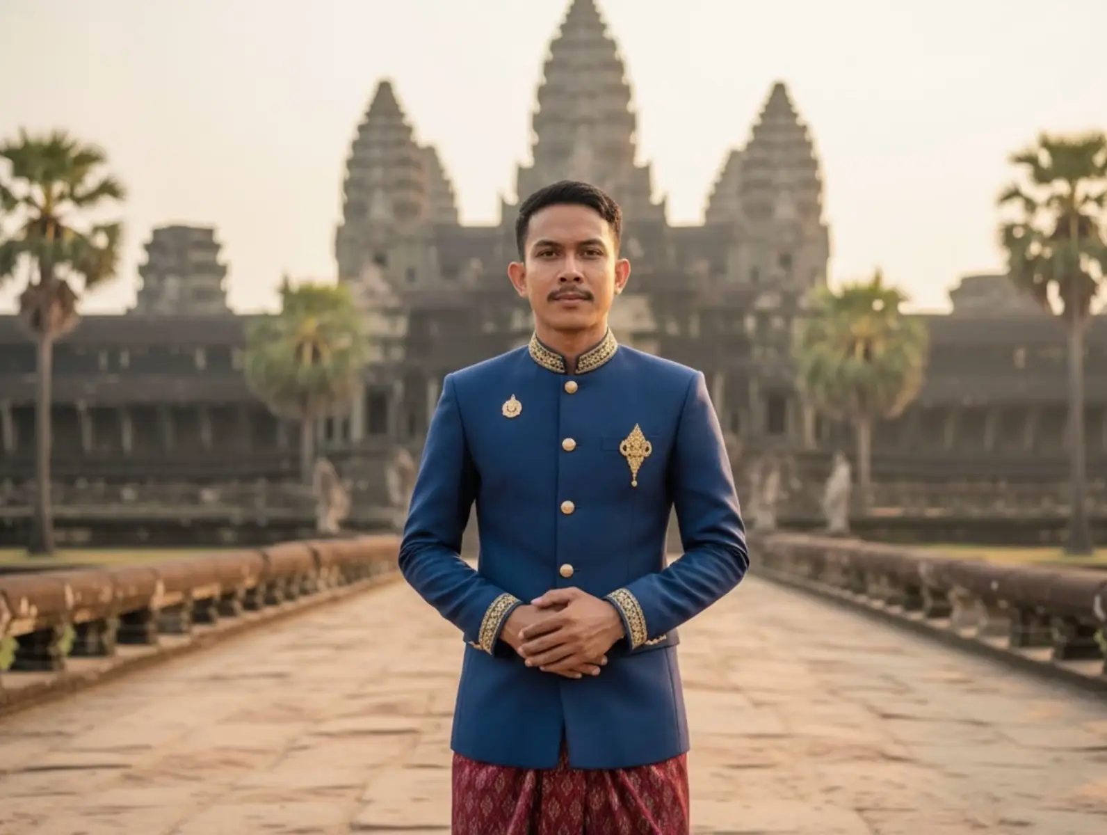 A Cambodian man stands in front of the famous Angkor Wat temple. He wears traditional clothing with a modern yet elegant style that is contemporary. Keeping his true face unchanged makes the image realistic. The scene showcases cultural heritage and contemporary elegance, with the iconic towers of Angkor Wat highlighted in the background under soft natural light.