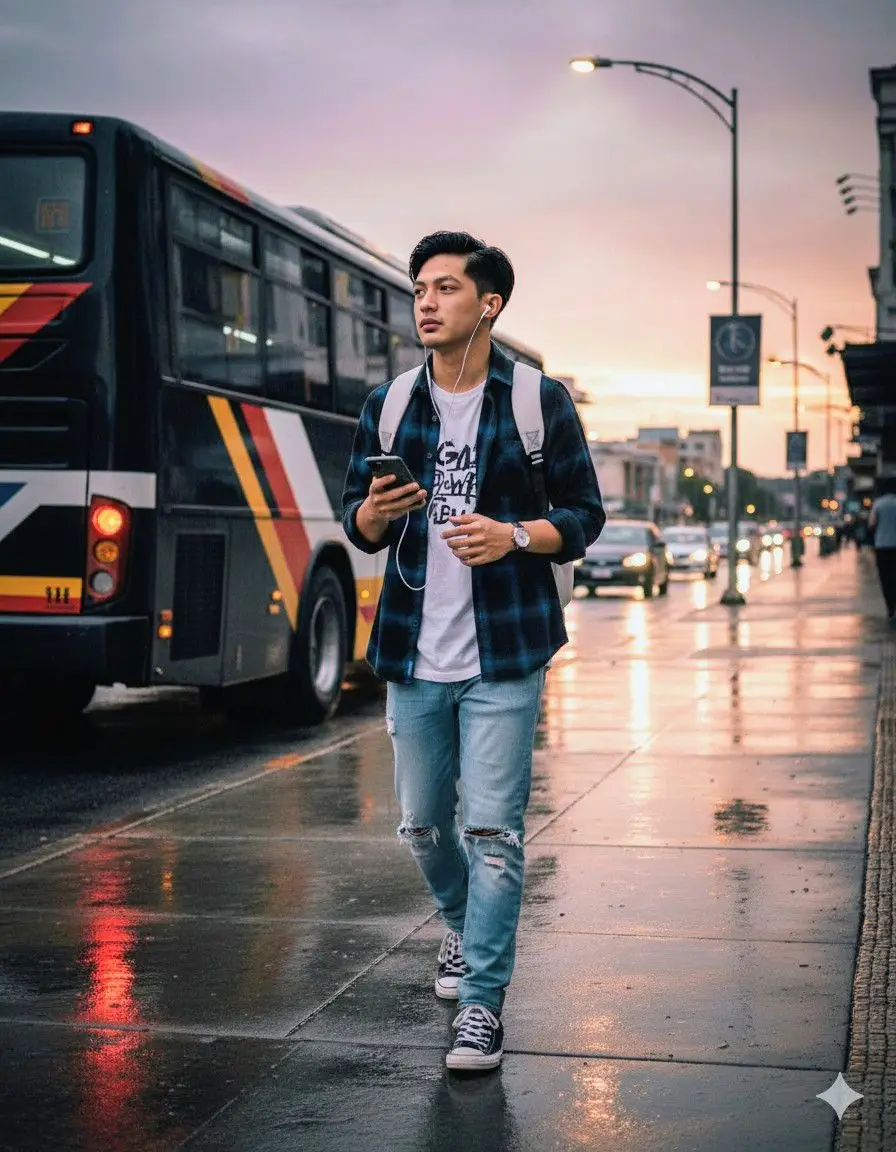 Cek Prompt... . . . Seorang laki-laki terlihat berjalan di trotroar tepi jalan raya sambil memegang ponsel dan menatap ke arah jauh pada malam hari. Ia mengenakan kemeja kotak kotak  hitam garis tebal biru ,celana jeans panjang biru muda, dan sepatu sneakers putih. Di punggungnya terdapat ransel hitam dengan gantungan boneka kecil berwarna abu-abu. Remaja tersebut sedang menatap ponsel sambil menggunakan earphone putih. Latar belakang menunjukkan sebuah bus berwarna hijau-putih yang berhenti, lampu kendaraan di jalan, serta suasana malam dengan pencahayaan lampu jalan dan bayangan basah di trotoar. Suasana terasa realistis, urban, dan sedikit dramatis dengan nuansa hujan malam. #prompt #gemini #ai #streetwear #foryoupage 