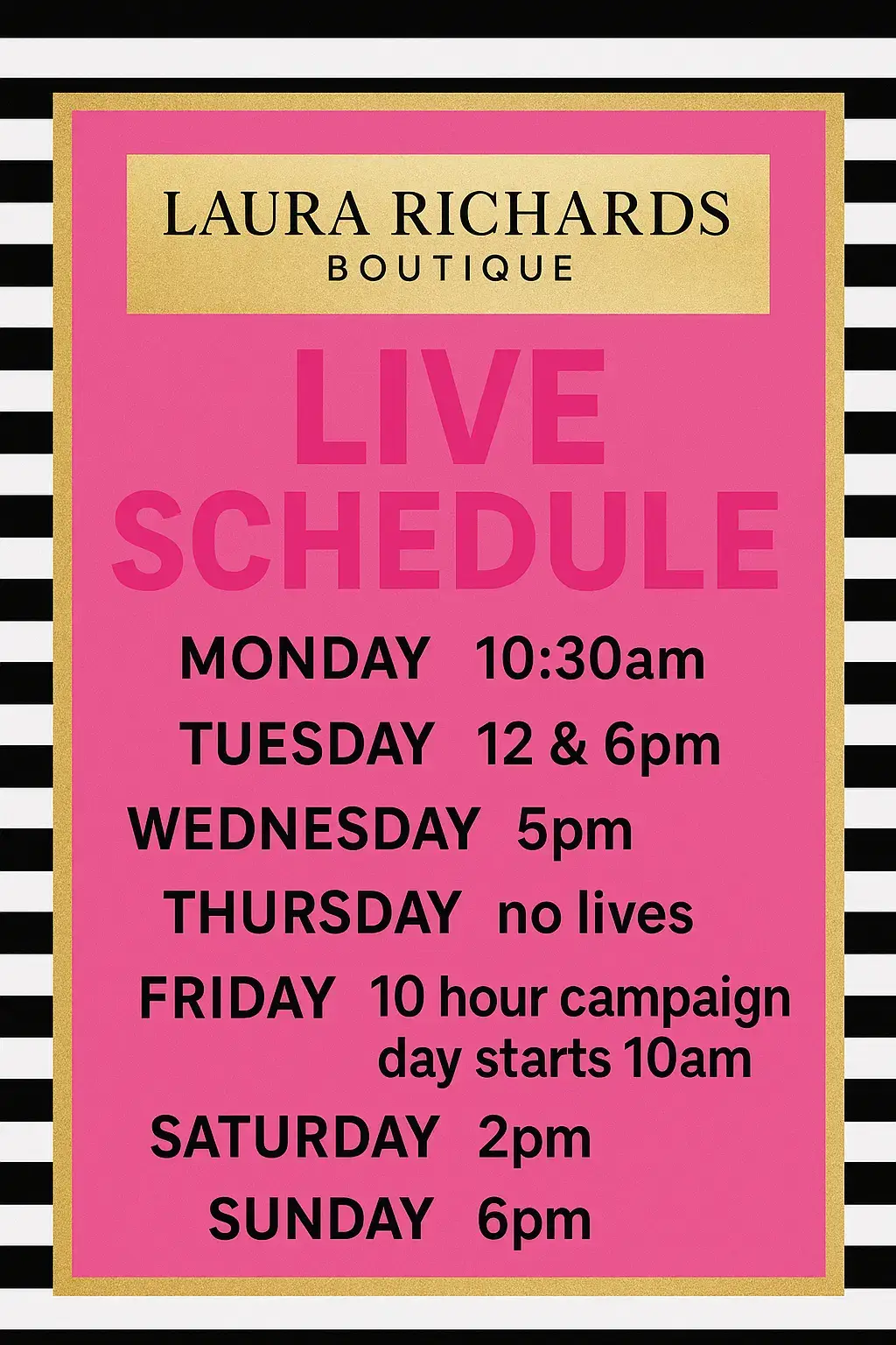 ✨ This week’s LIVE schedule is here! ✨ From daily updates to our big 10-hour campaign day on Friday, you won’t want to miss it. Save the dates and join us live 💕🛍️ I've also added the link for our Event on Friday, please make sure you've registered 🫶 #LauraRichardsBoutique #LiveShopping #FashionFinds #ShopWithMe #TikTokLive