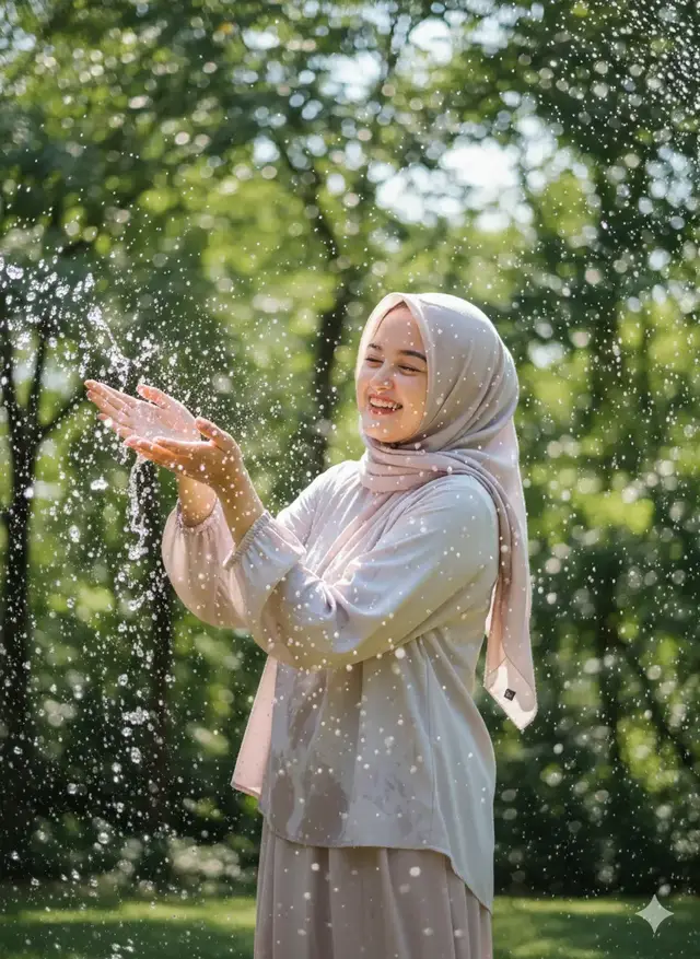 prompt:  Ini adalah foto saya, jangan ubah wajah saya dan jangan ubah identitas saya. Pertahankan fitur wajah asli saya, proporsi, warna kulit, dan ekspresi alami persis seperti pada gambar referensi. Wajah harus tetap setia pada saya, tanpa perubahan apa pun, karena ini adalah identitas asli saya. Pemandangannya berada di luar ruangan di lingkungan hijau yang segar, dengan sinar matahari yang menembus pepohonan, menciptakan efek bokeh alami di latar belakang. Pencahayaan adalah matahari sore yang cerah, datang dari samping dan sedikit di belakang, menghasilkan cahaya tepi bercahaya yang menerangi garis besar saya dan menyoroti tetesan air berkilau di udara. Pose saya persis seperti di foto referensi: Saya sedikit mencondongkan tubuh ke satu sisi, kedua tangan terangkat ke depan dengan main-main seolah melindungi diri dari percikan air. Postur tubuh saya terasa jujur dan hidup, dengan arah rambut yang disesuaikan secara alami dengan jilbab. Tetesan yang tak terhitung jumlahnya berhamburan di udara, membeku dalam gerakan, mengelilingi saya dan bersinar di bawah sinar matahari. Ekspresiku ceria dan spontan - mata sebagian tertutup dengan senyum alami yang lebar, memancarkan kegembiraan dan keceriaan. Identitas wajahku harus tetap sama persis seperti di referensi. Gaya pakaian disulap menjadi estetika busana hijab yang sederhana. Saya mengenakan hijab pastel lembut yang ditata rapi dan modern, dipadukan dengan blus flowy lengan panjang dalam warna estetika, dilapisi dengan gaun atau rok sederhana. Pakaian tampak sedikit lembab dari air, dengan detail kain basah yang realistis: area basah yang lebih gelap, melekat halus pada kain, dan pantulan alami sinar matahari. Tepi hijab juga menunjukkan efek kelembapan ringan dari percikan. Suasana keseluruhan semarak, menyegarkan, dan musim panas - air memercik ke mana-mana, tetesan bersinar di bawah sinar matahari, tanaman hijau segar di latar belakang kabur, dan ekspresi candid gembira aku terpelihara dengan sempurna. Semuanya harus terasa sangat realistis, seperti momen pemotretan luar ruangan yang menyenangkan. #ai #geminiAI #fyp 