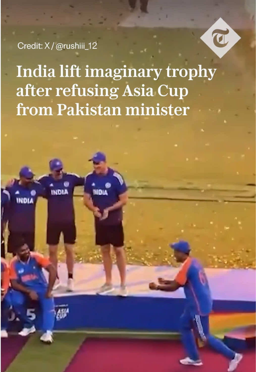 🇮🇳 India won the Asia Cup on Sunday amid bizarre scenes in which they hoisted an imaginary trophy after refusing to accept it from Pakistan’s interior minister Mohsin Naqvi. India beat Pakistan by five wickets in the final at Dubai International Stadium with emotions running high between the sides following a brief military conflict between the nuclear-armed neighbours in May. The teams met three times at the tournament, with Indian players refusing to shake hands with their opponents throughout, and Sunday’s final ended in surreal circumstances with India celebrating their win by pretending to lift the cup. Tap the link to read the full story 🖇️ #AsiaCup 
