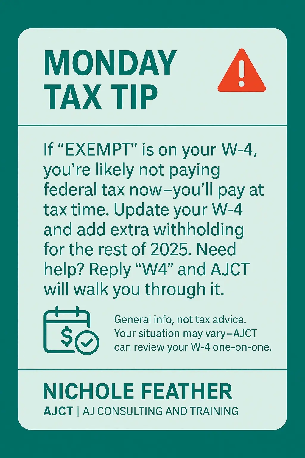 Monday Tax Tip 🚨 Stop claiming EXEMPT for the rest of 2025. If no federal taxes come out now, you’ll owe at tax time—plus potential penalties. Quick fix: 	1.	Check your paystub for FED Withholding = $0 	2.	Submit a new W-4 to your employer today (choose a non-exempt status) 	3.	If you’ve been exempt all year, consider a catch-up extra withholding or estimated payment in Q4 This applies if you had a tax bill last year or expect income this year. Lock in your peace of mind now, not in April. — File with AJCT | Secure link in bio to join the VIP File List.