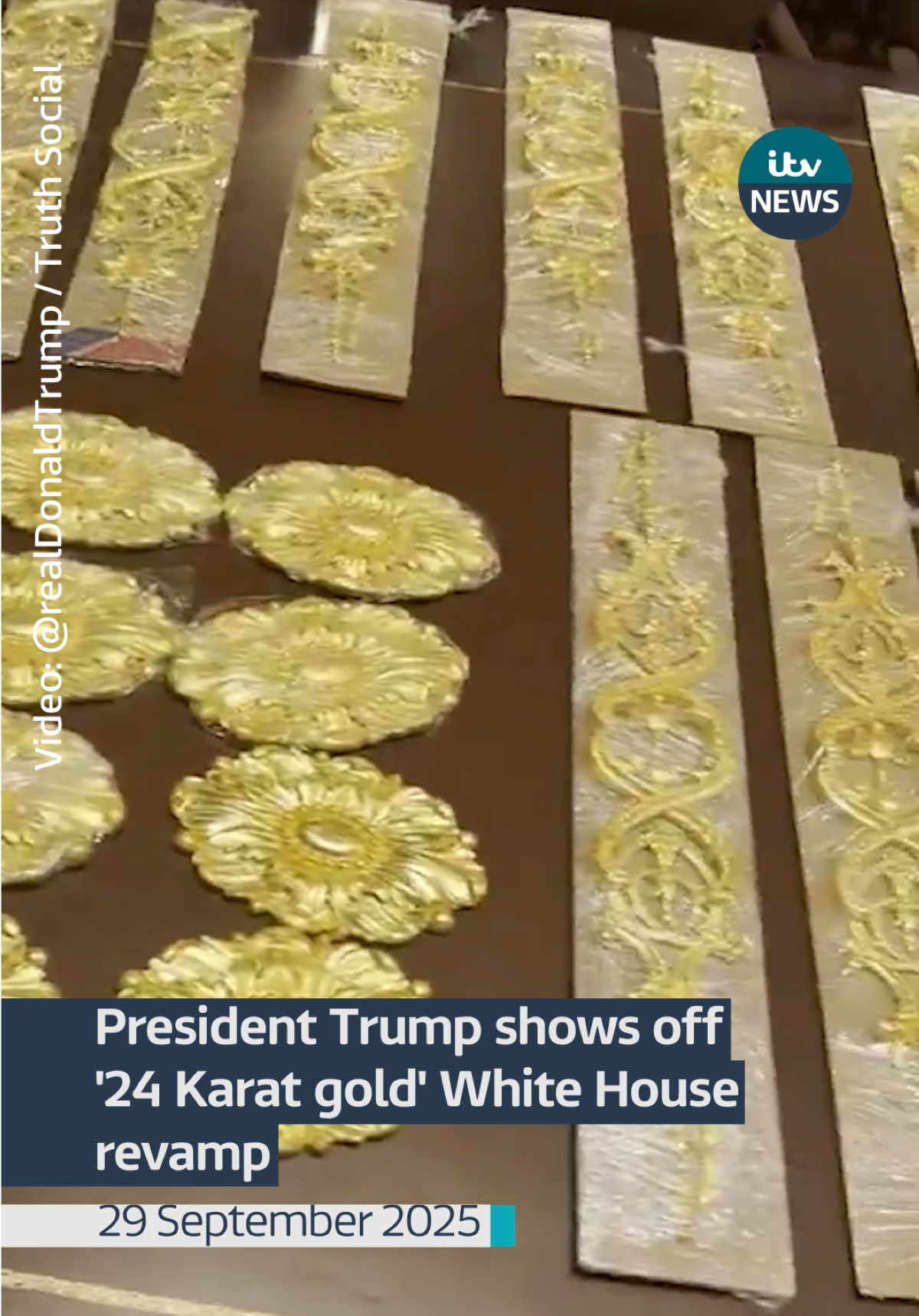 A video shared by US President Donald Trump shows gold wall mouldings laid out and ready to be hung up in the White House.  #itvnews 