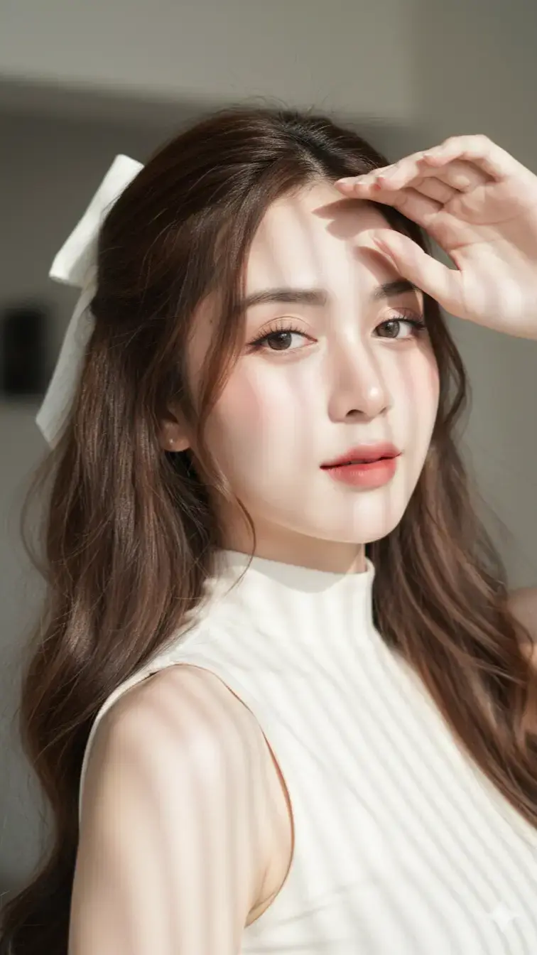 high resolution with 9:16 aspect ratio, changing the character's style in the provided photo and maintaining the correct proportions of the character's facial features, such as eyes, nose, and mouth, bottom to top angle, creating a realistic portrait that focuses on the character's face showing only perfect white skin, and a friendly expression, the face is facing sideways at 45 degrees, has smooth skin, glowing with a slight blush and long, thin eyelashes around her eyes, her long brown hair is gathered loosely with a cute white bow, eyes looking at the camera with a border of hair around her face; sunlight shining on her eyes; soft light creates vertical shadows or artistic grid lines on her face and shoulders; highlighting her delicate appearance and giving a dreamy and elegant atmosphere; adding elegance and purity of elements; cinematic style, soft and expressive; emphasizing beauty, innocence and serenity #gemini #prompt #jasaeditfoto #ai #faceswap 